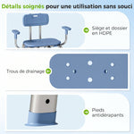 Tabouret de douche chaise de douche ergonomique avec accoudoirs, dossier, hauteur et siège réglables, bleu