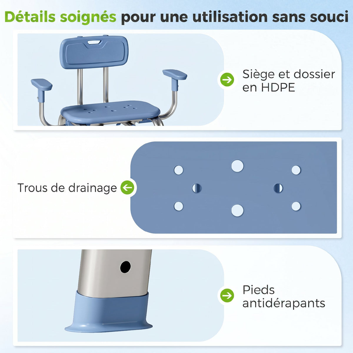 Tabouret de douche chaise de douche ergonomique avec accoudoirs, dossier, hauteur et siège réglables, bleu