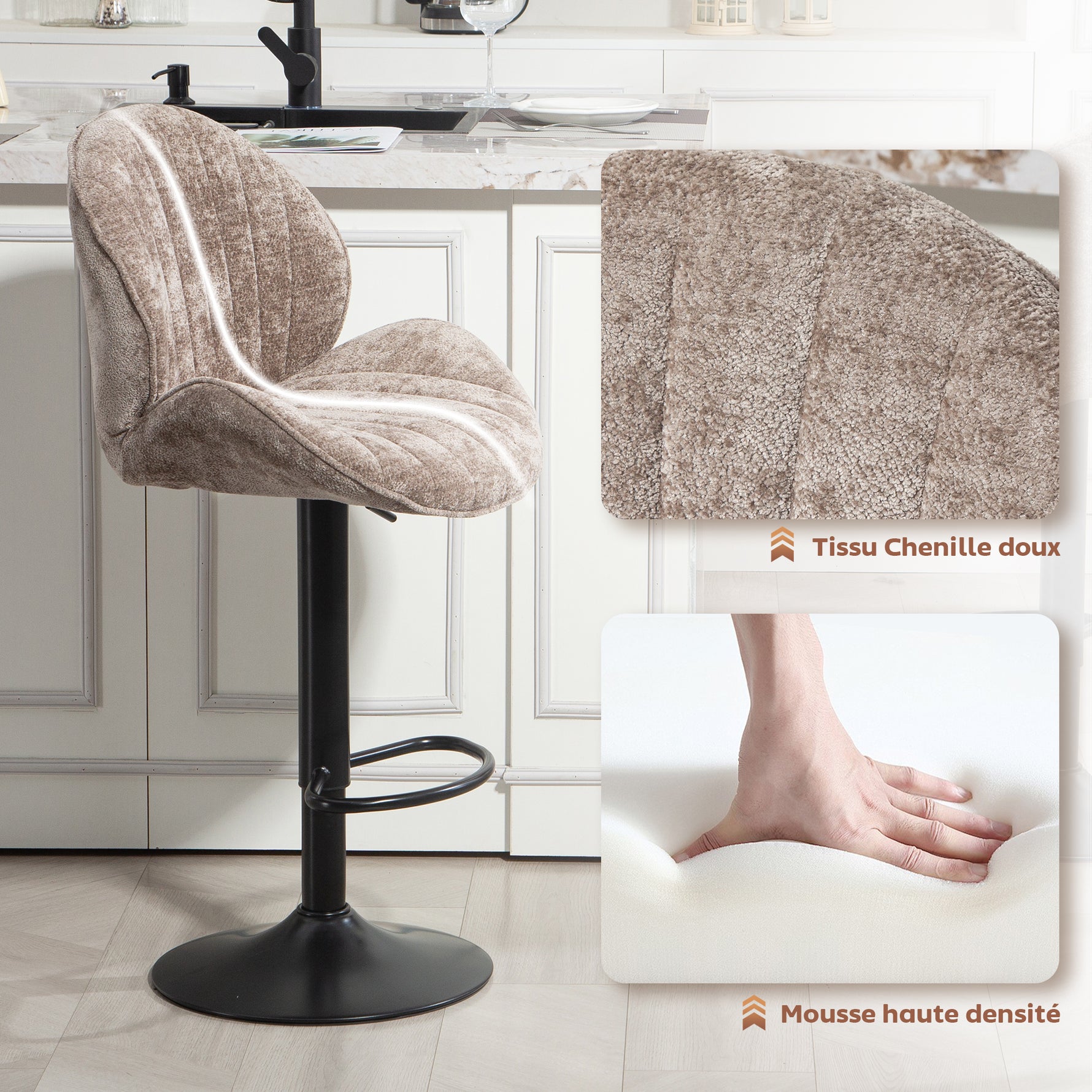 Lot de 2 tabourets de bar forme de coquillage, dossier, hauteur réglable et repose-pieds, cadre en acier, marron
