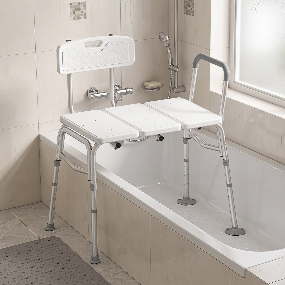 Banco de Transferencia para Bañera, Altura Ajustable en 10 Niveles, Asiento Ancho, Respaldo, Apoyabrazos, 86x60x89-101cm, Blanco