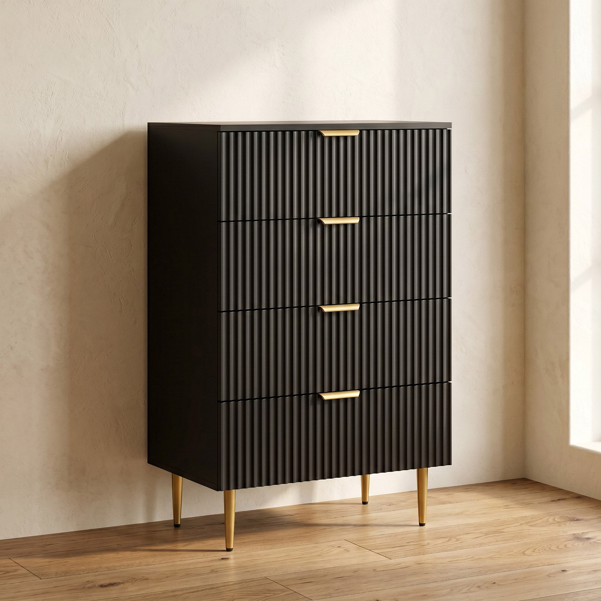 Kommode mit 4 Schubladen, Schlafzimmerkommode, modernes Aufbewahrungsmöbel mit goldenen Griffen und Füßen, Maße 60 x 40 x 96 cm, Schwarz