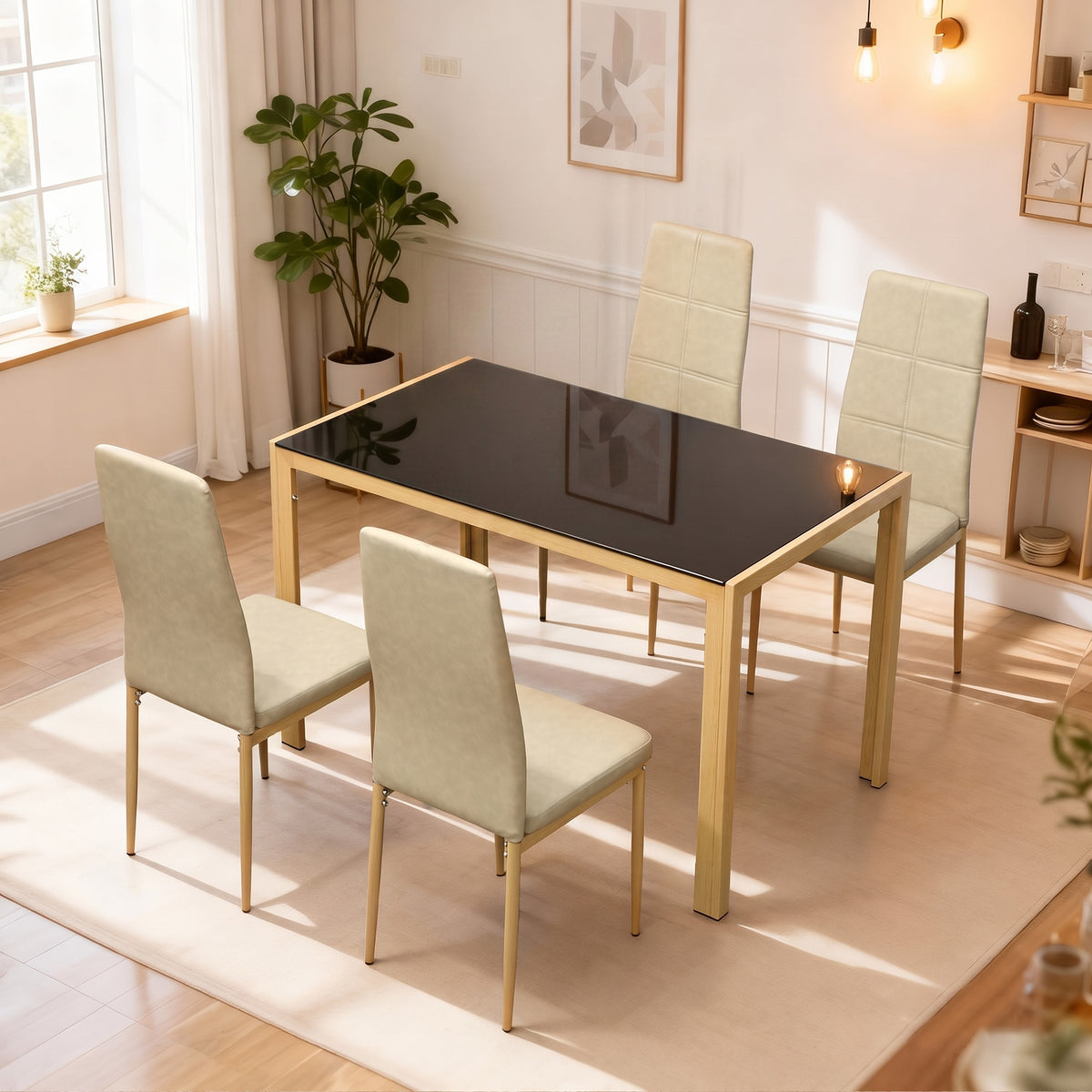 Esszimmer-Set mit 4 Stühlen aus Kunstleder, rechteckige Tischplatte aus gehärtetem Glas, 120x70x75cm, Natur