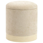 Opbergpoef, ronde hocker van chenille, voetenbankje met metalen onderstel in houtlook, beige