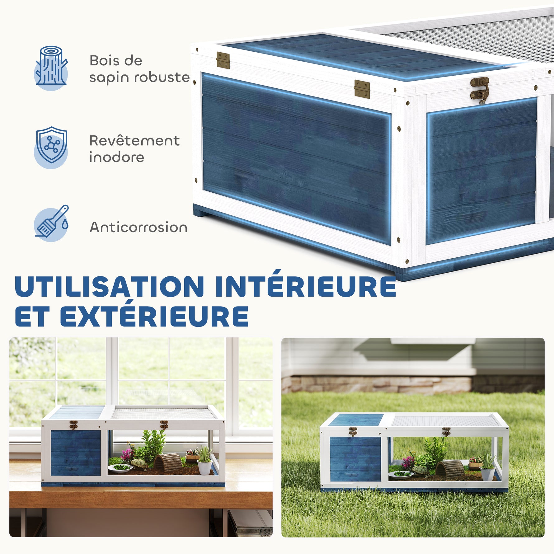 Maison enclos cage habitat pour petit animal tortues avec 2 espaces 91 x 60,5 x 32 cm bois massif bleu