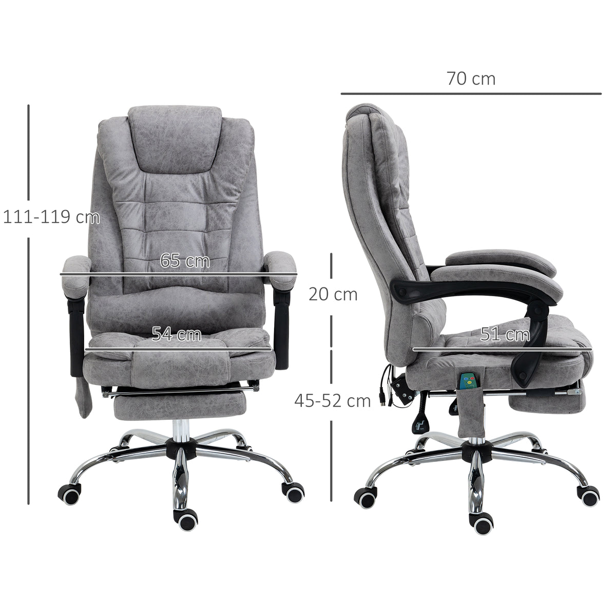 Fauteuil de bureau direction massant chauffant hauteur réglable dossier inclinable toile de microfibre gris