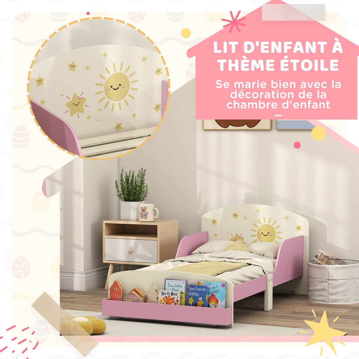 Lit enfant 70 x 140 cm, lit pour enfant avec barriere de securite et sommier à lattes, espace de rangement, rose