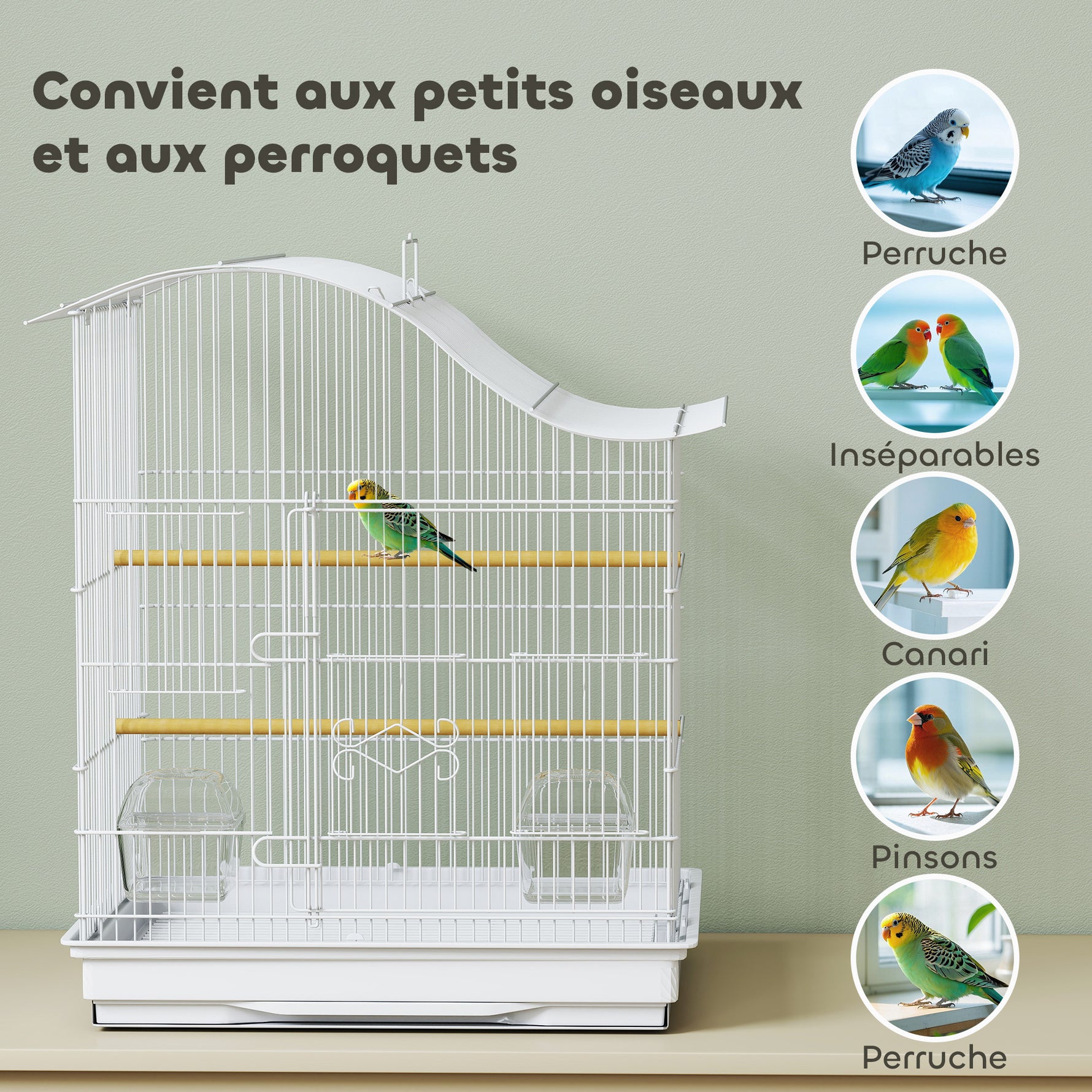 Cage à oiseau volière avec 4 portes, 2 perchoirs, plateau coulissant, pour inséparables perruches 4,7,5x36x54,5cm, blanc