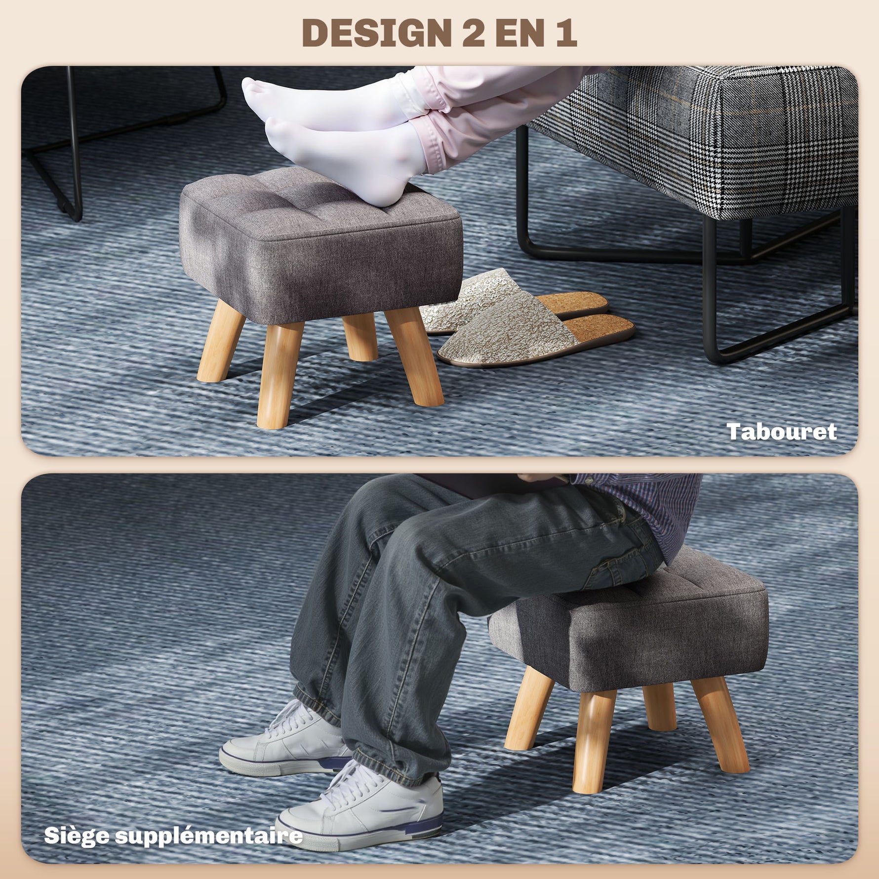 Repose pied salon ottoman siège rembourré en tissu avec pieds en bois 27 x 27 x 26 cm gris