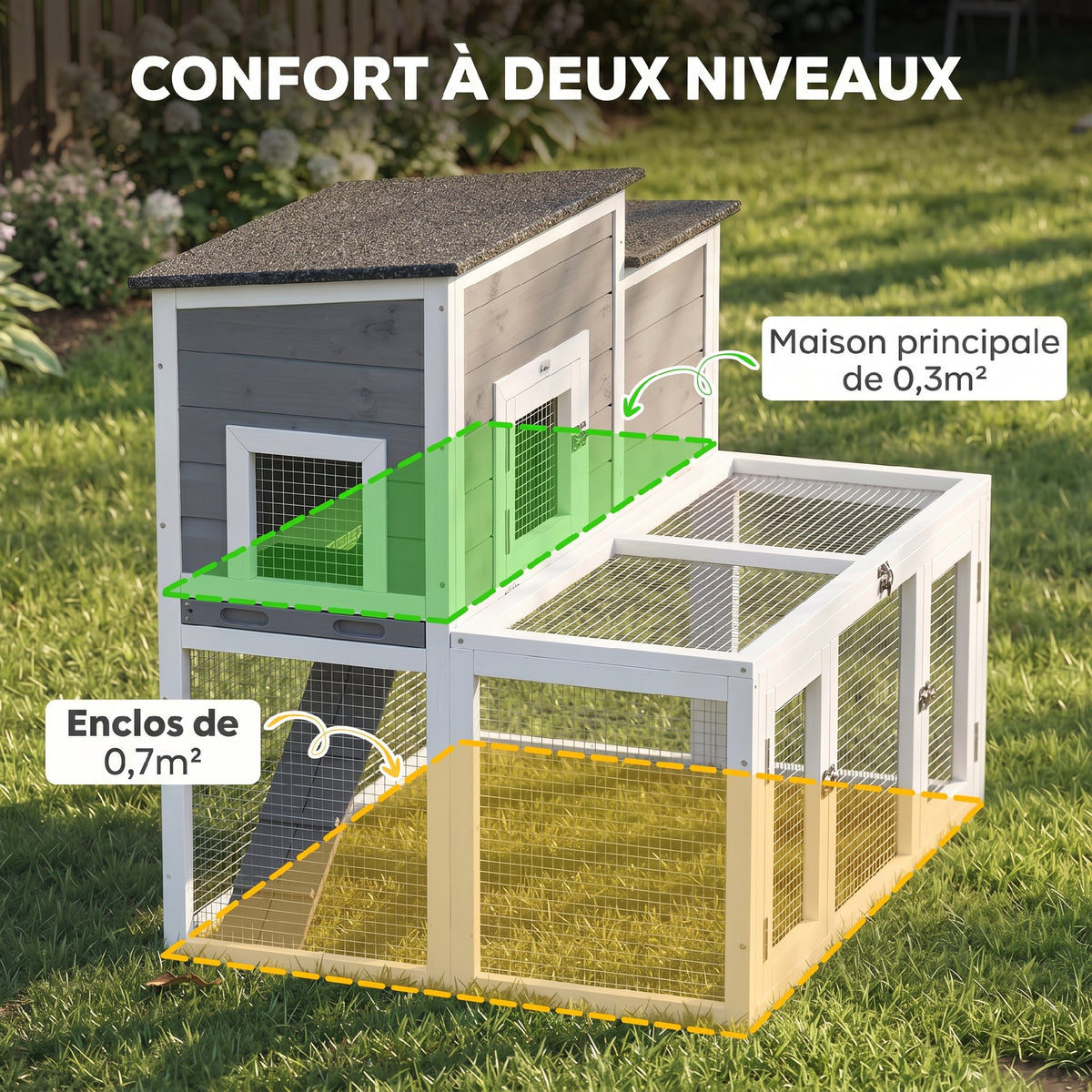 Clapier Lapin Extérieur en Bois Cage à Lapin Intérieur Double Toit Ouvrant Imperméable 2 Niveaux avec Enclos Gris