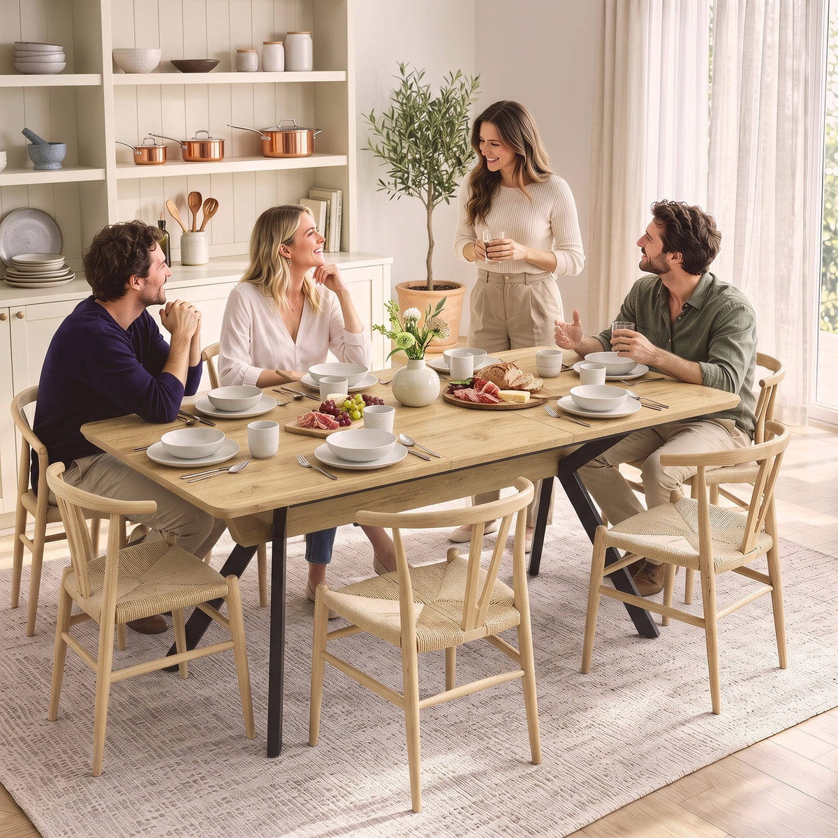 Mesa de comedor extensible para 4 a 6 personas, 130-170 cm, mesa de cocina rectangular, bordes redondeados, roble