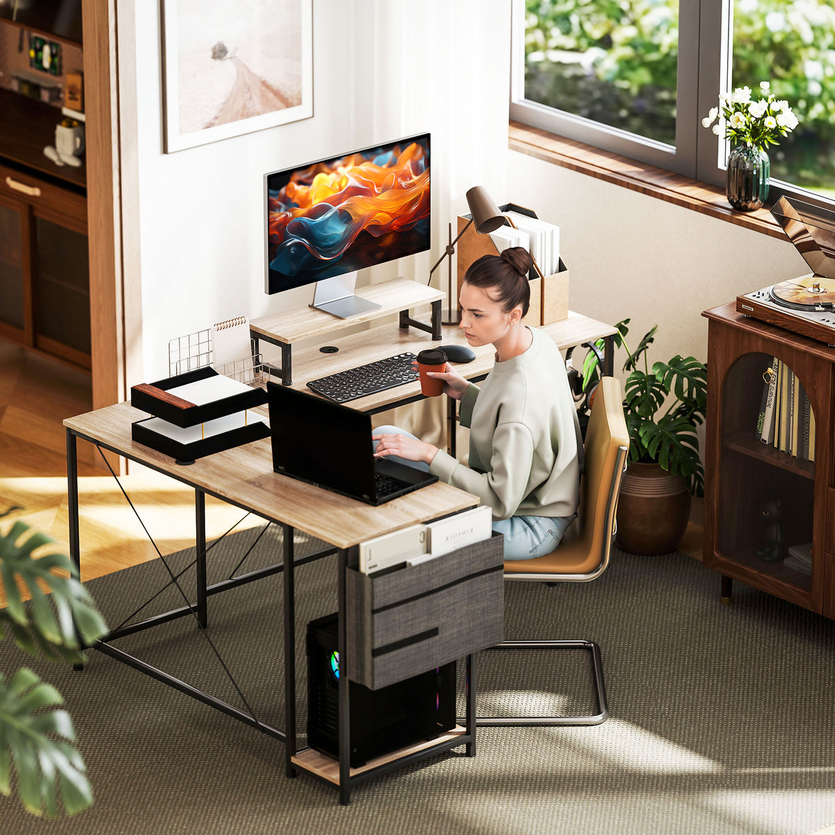 Modulair omkeerbaar hoekbureau 168-240 cm industriële stijl - verstelbare plank, opbergtas, monitorsteun