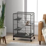 Jaula para roedores, jaula para animales pequeños con ruedas, 3 rampas, 3 plataformas, comedero y botella de agua, bandeja inferior extraíble para conejos, visones y chinchillas, acero PP, 61,5x44x95 cm, negra