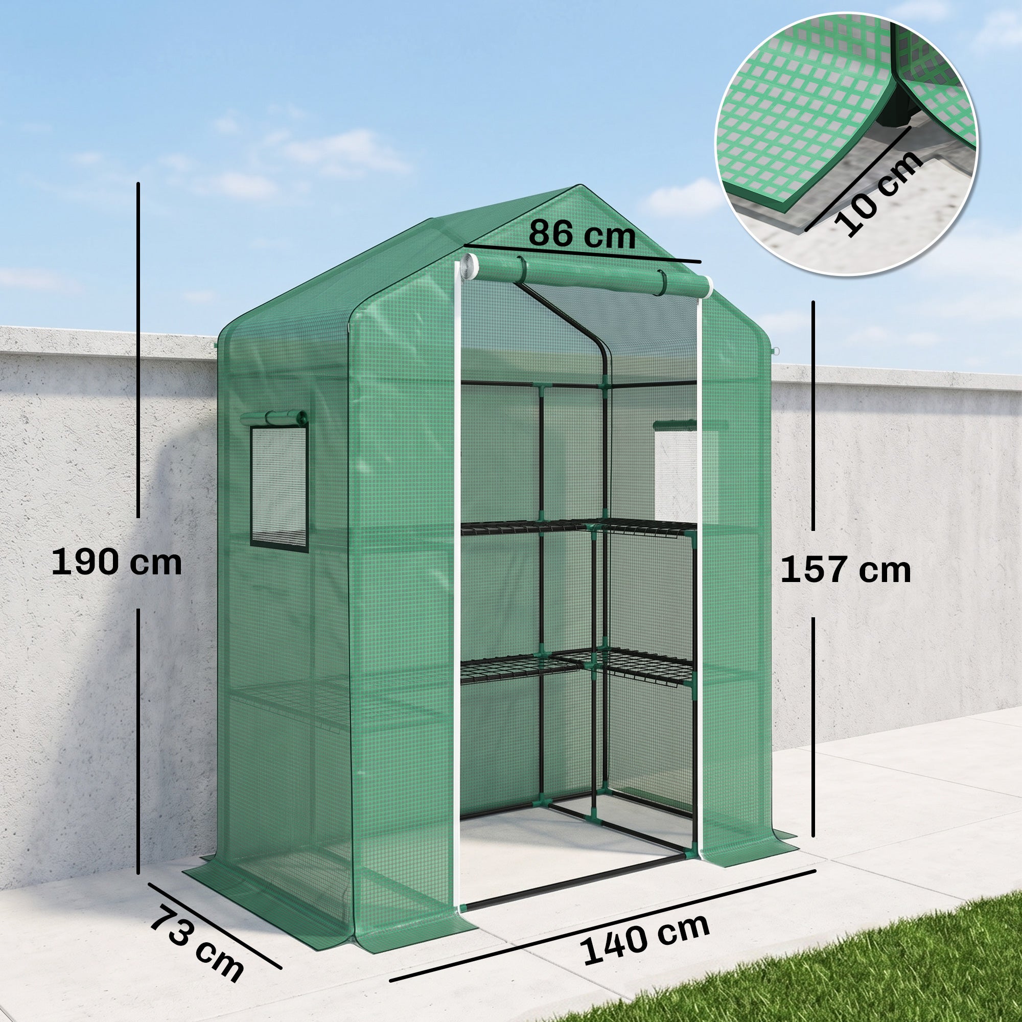 Serre de jardin avec 1 porte, 2 fenetres et 2 étagères en forme de U pour Légumes Plantes Fleurs Bâche PE 140x73x190 cm