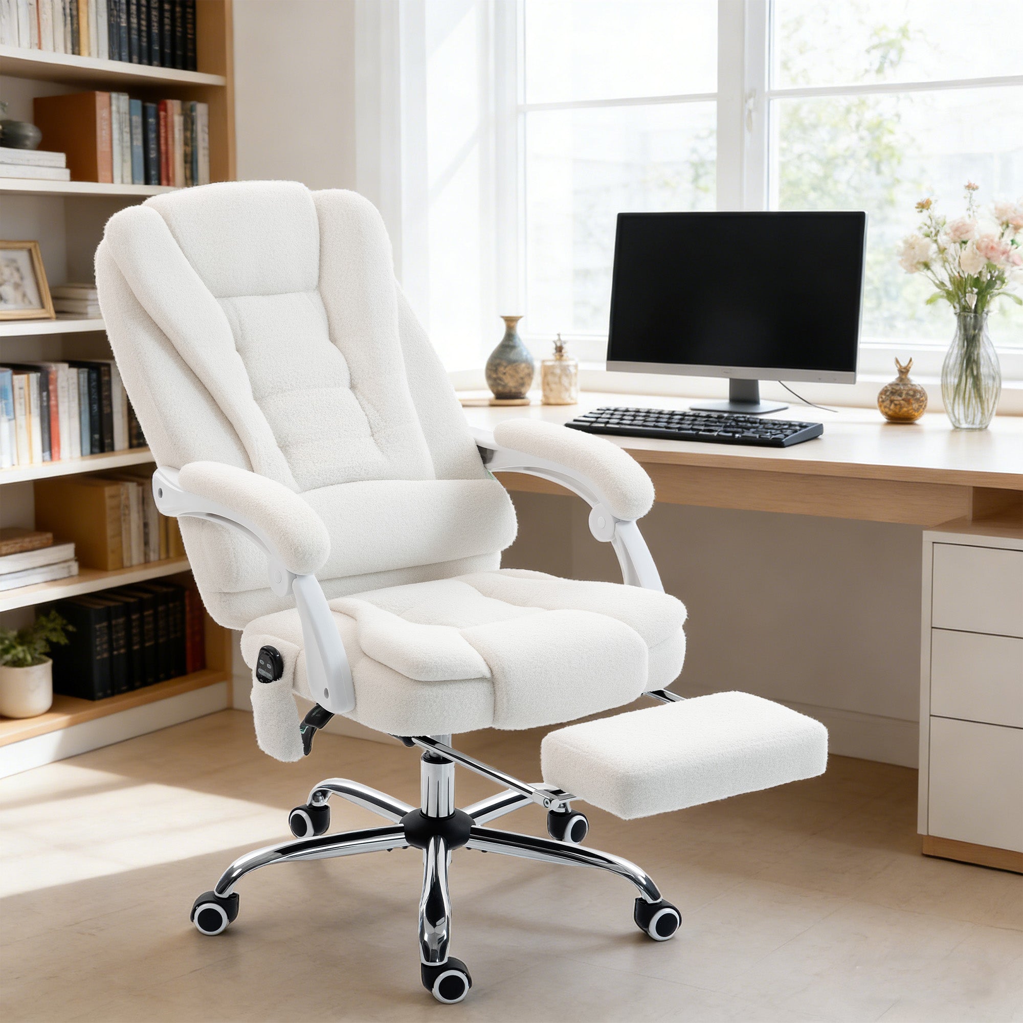 Fauteuil de bureau direction massant chauffant hauteur réglable dossier inclinable toile de lin blanc