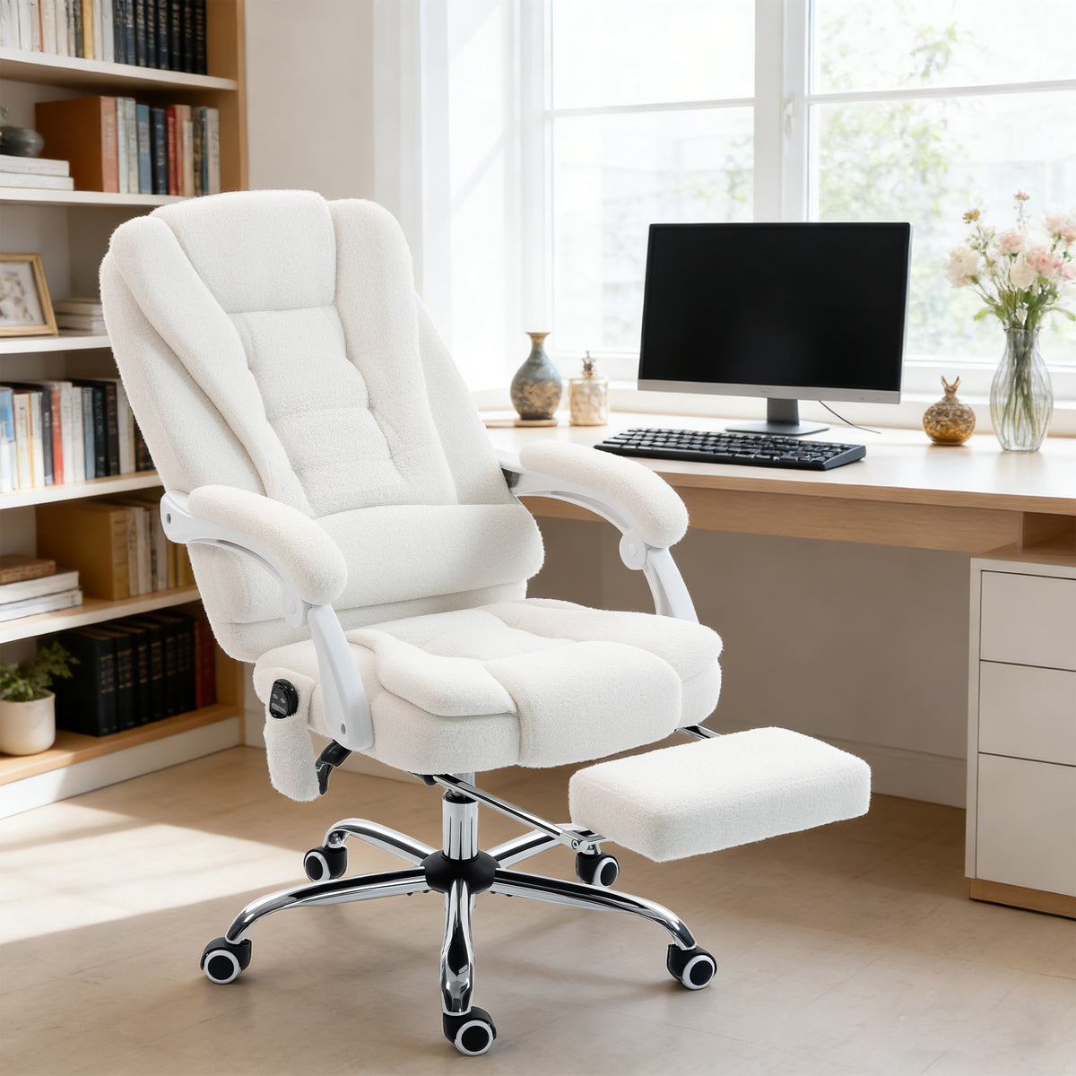 Fauteuil de bureau direction massant chauffant hauteur réglable dossier inclinable toile de lin blanc