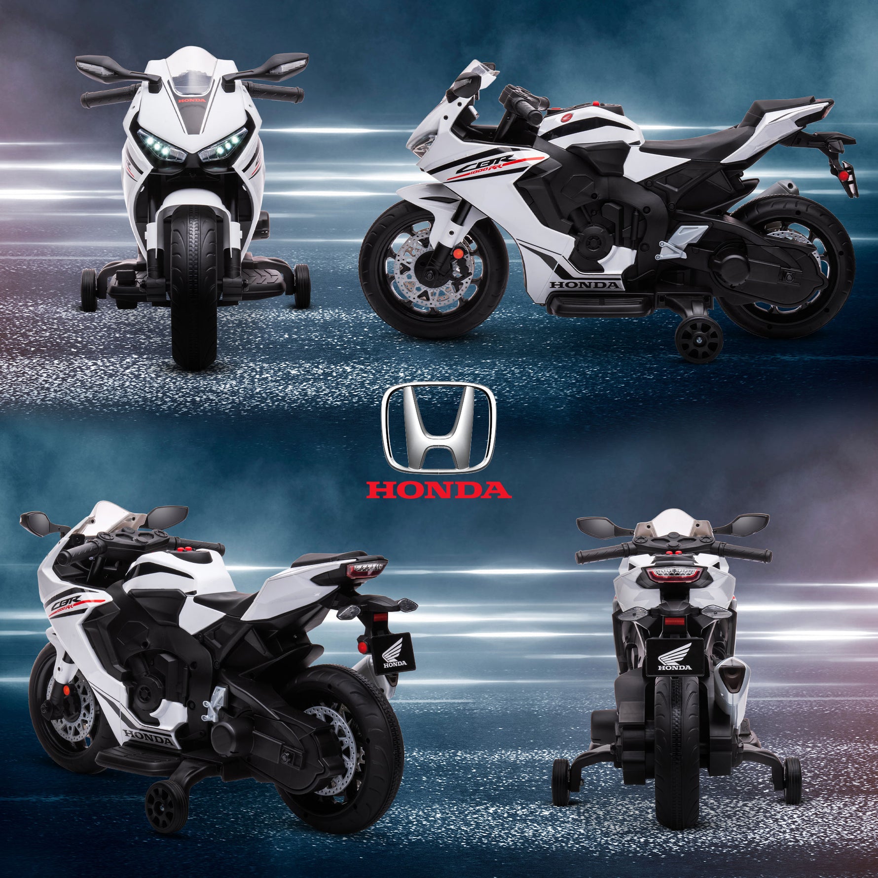 Moto Électrique Enfants sous Licence HONDA 6 V, 3 Km/h, Musique & Lumière, 2 Roues d'Entraînement, Blanc