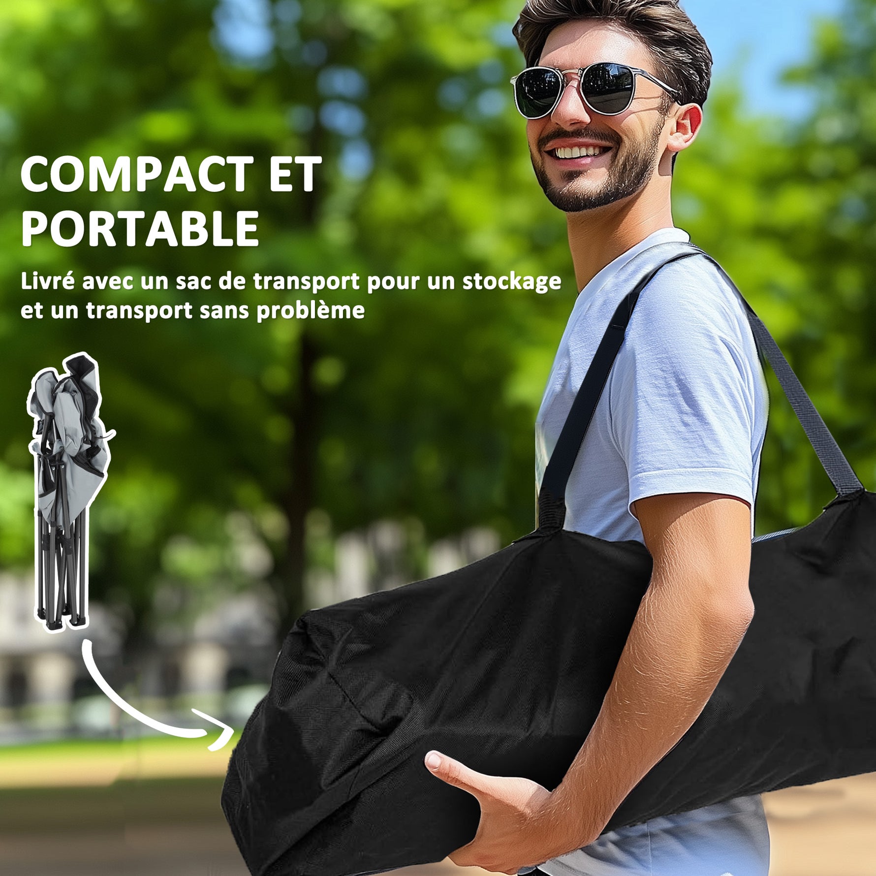 Chaise de camping pliante avec accoudoirs réglables, porte-gobelets, poches latérales et sac de refroidissement, noir