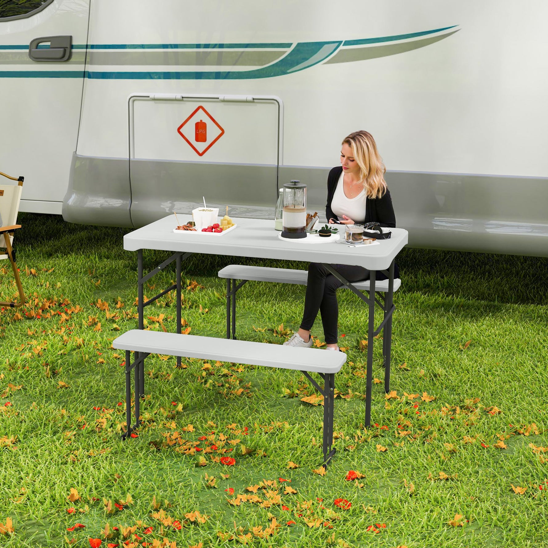 Ensemble table pliante et bancs de pique-nique 113 cm avec poignées de transport, table et banc pliable gris clair blanc