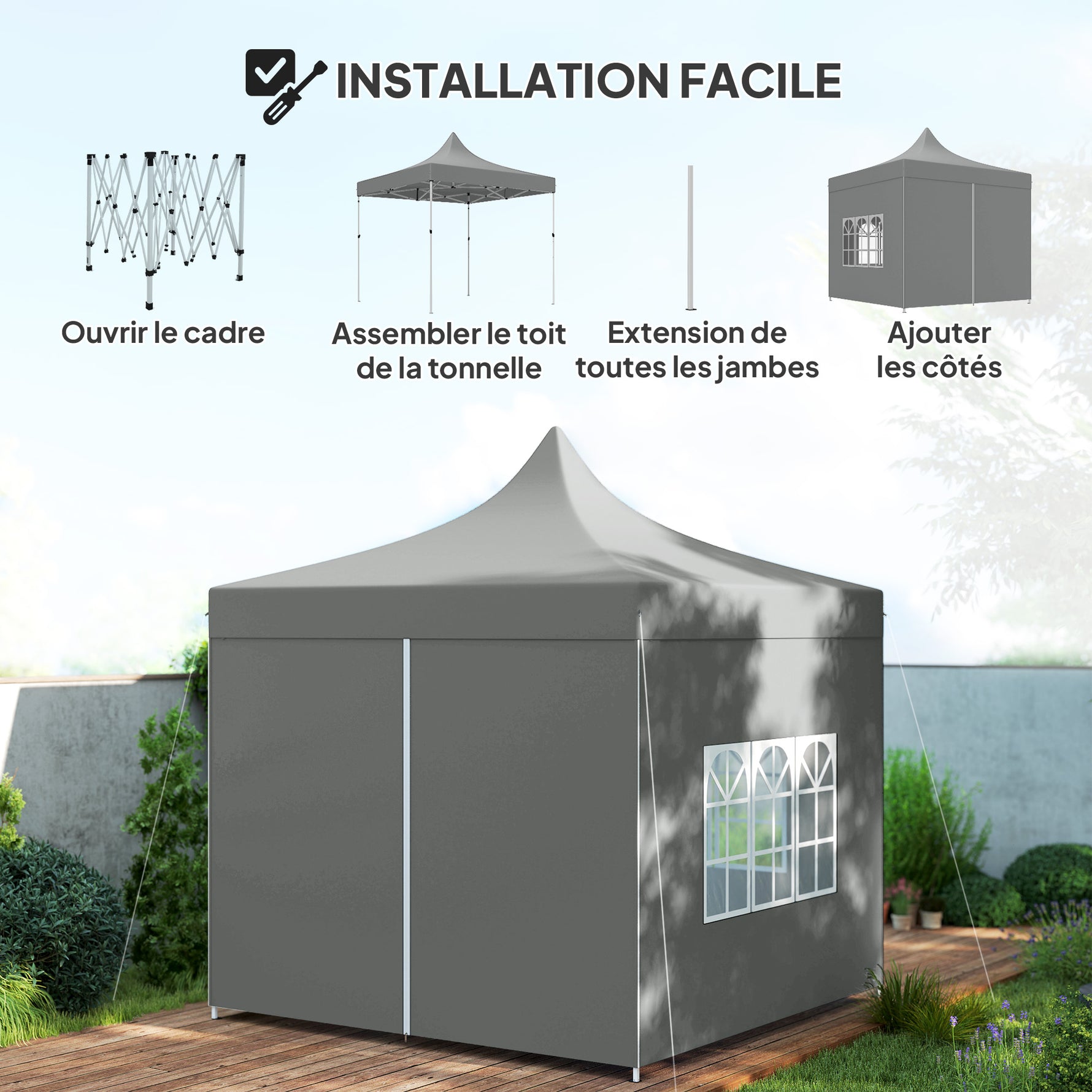 Tonnelle de jardin tente pliante 3 x 3 m 4 parois latérales amovibles 3 fenêtres hauteur réglable sac de transport gris