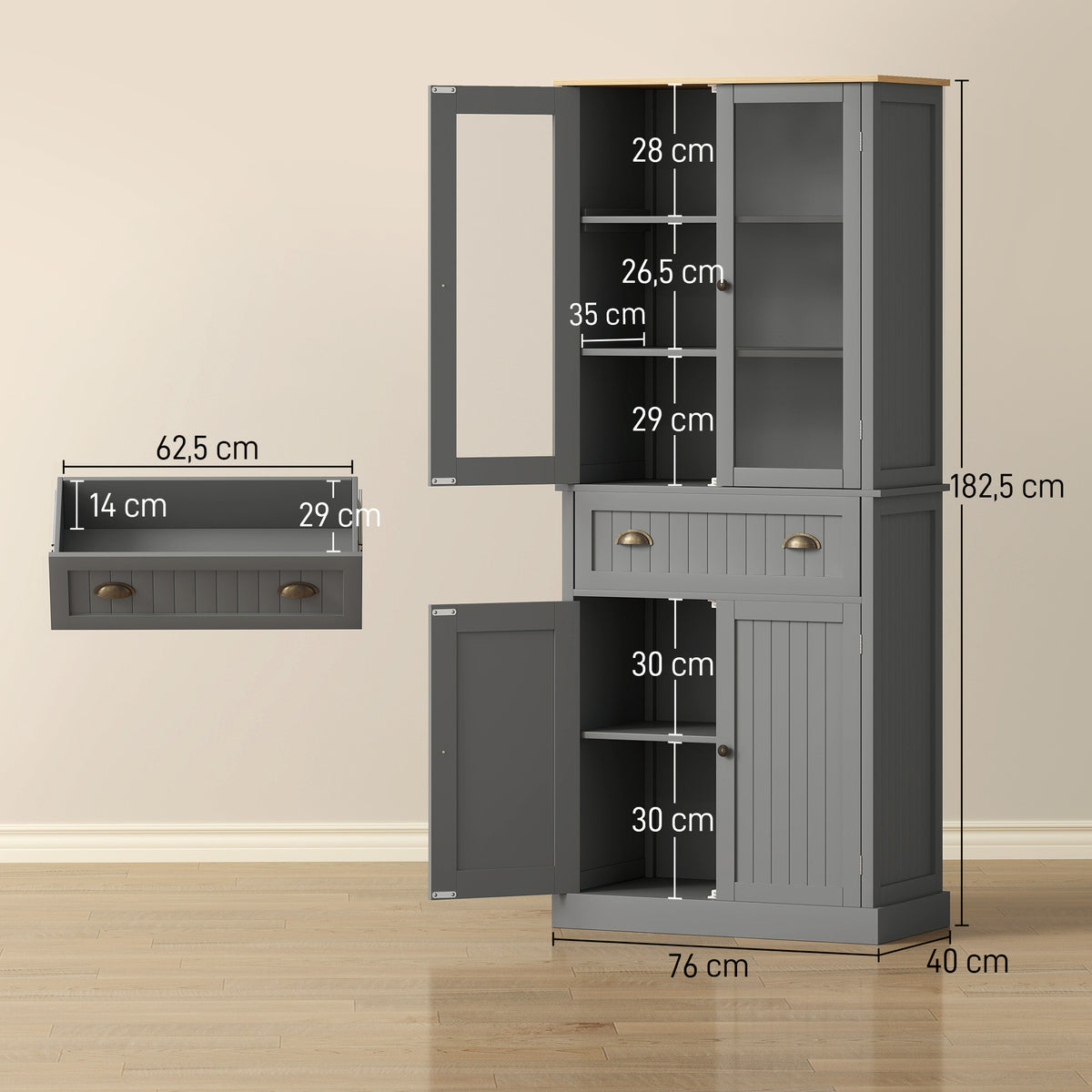 Buffet meuble cuisine rangement armoire de cuisine 4 portes dont 2 portes vitrées et 1 tiroir étagères réglables - gris