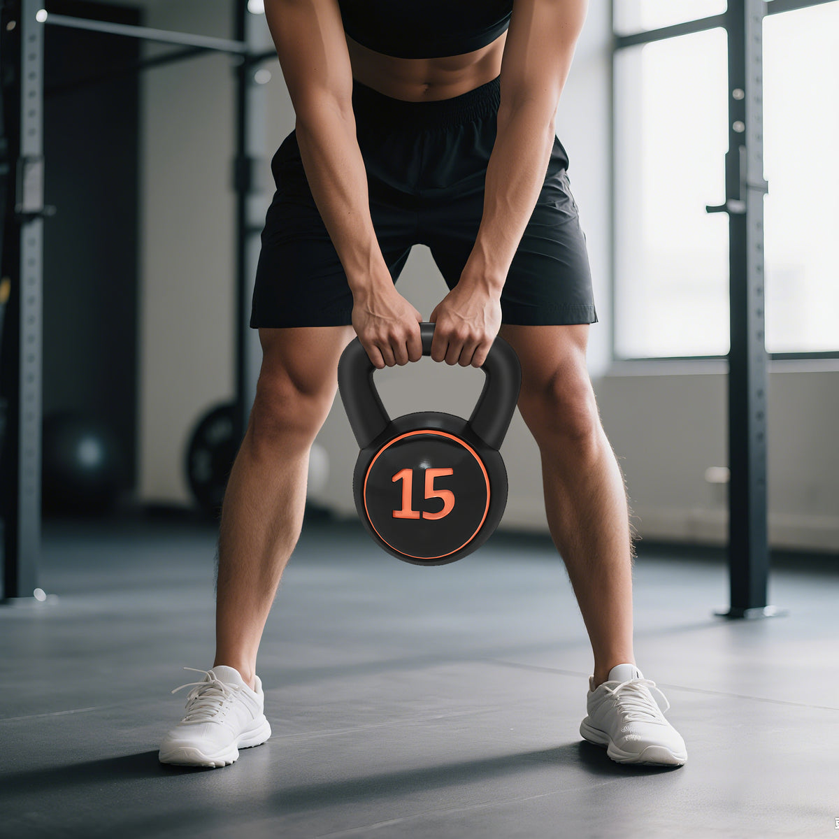 3er-Set Kettlebells, 2,2, 4,5 und 6,8 kg, rutschfester Griff für Fitness- und Sporttraining, inklusive schwarzem Ablageregal
