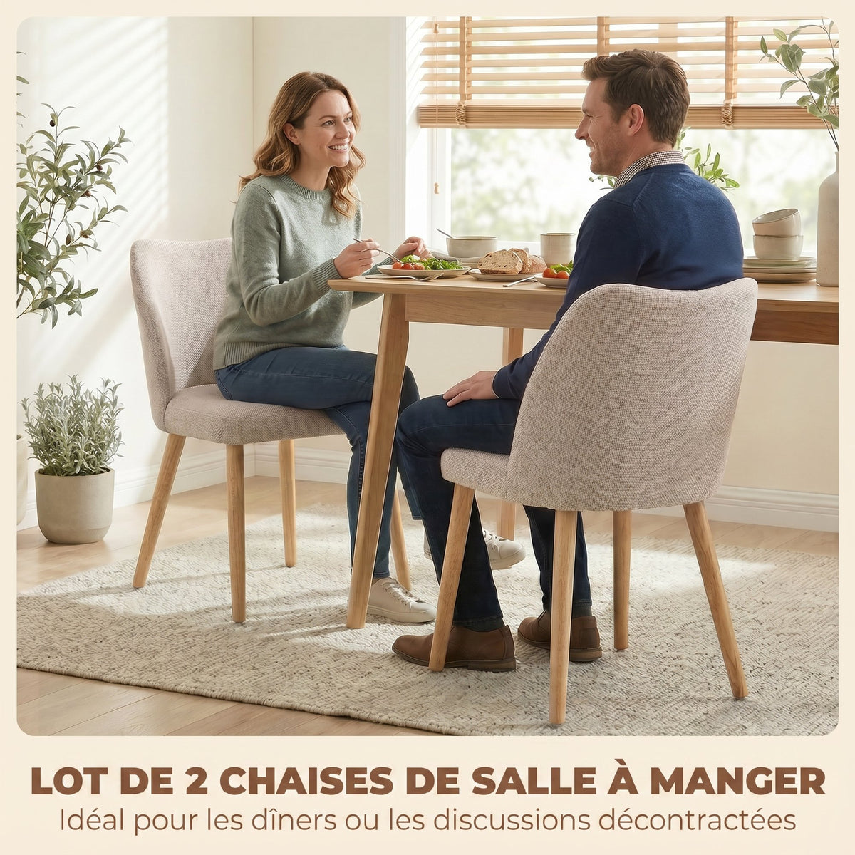 Lot de 2 Chaises de Salle à Manger, Chaises de Cuisine Rembourrées en Lin, Dossier Incurvé et Pieds d'Hévéa, Crème
