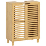 Meuble sous Lavabo en Bambou, Meuble de Salle de Bain avec 2 Portes Persiennes, Étagère Réglable, Bois Naturel