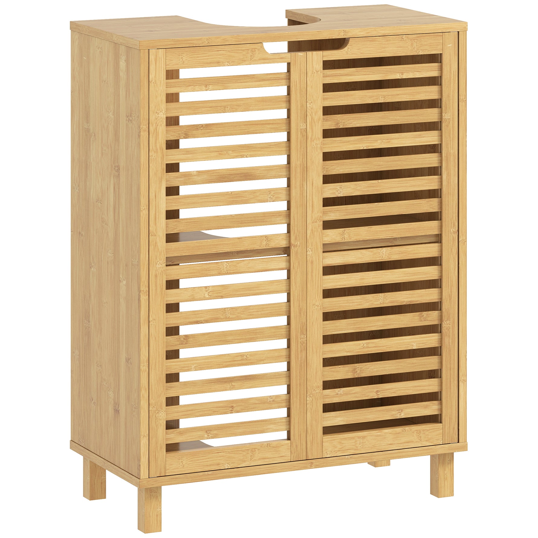 Meuble sous Lavabo en Bambou, Meuble de Salle de Bain avec 2 Portes Persiennes, Étagère Réglable, Bois Naturel