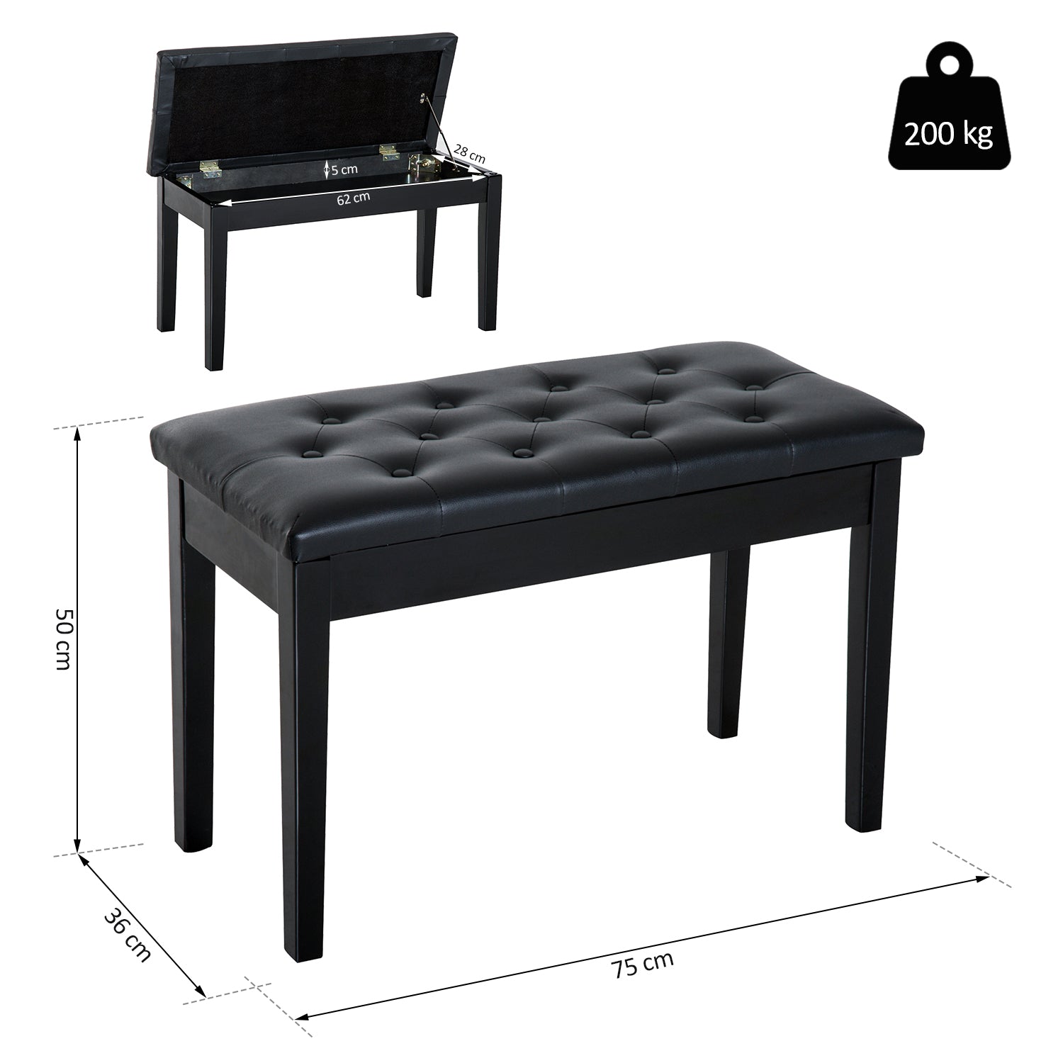 Banquette tabouret siège pour piano avec coffre de rangement pied bois caoutchouc assise capitonnée noir
