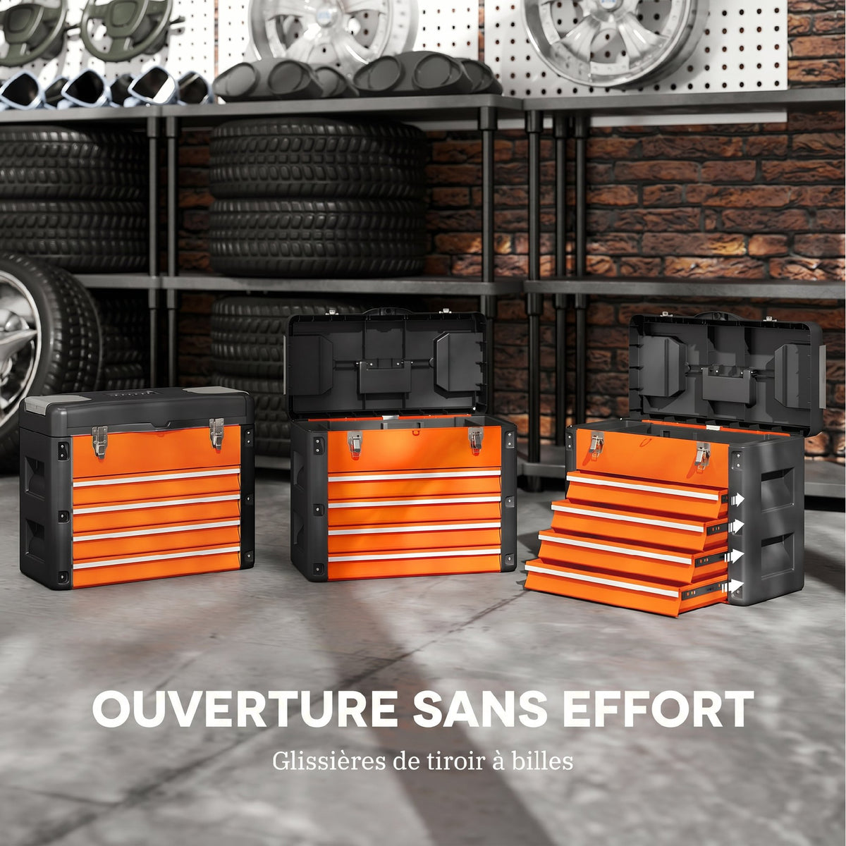 Boîte à Outils à 4 Tiroirs, Caisse à Outils en Acier Thermolaqué avec Plateau Amovible, 49,7x25,3x40,7cm, Orange