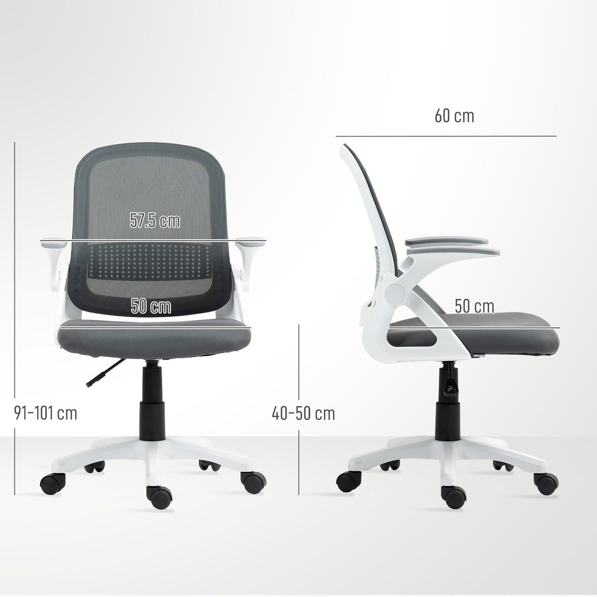 Chaise bureau ergonomique, fauteuil de bureau en maille avec accoudoirs relevables, hauteur réglable, gris