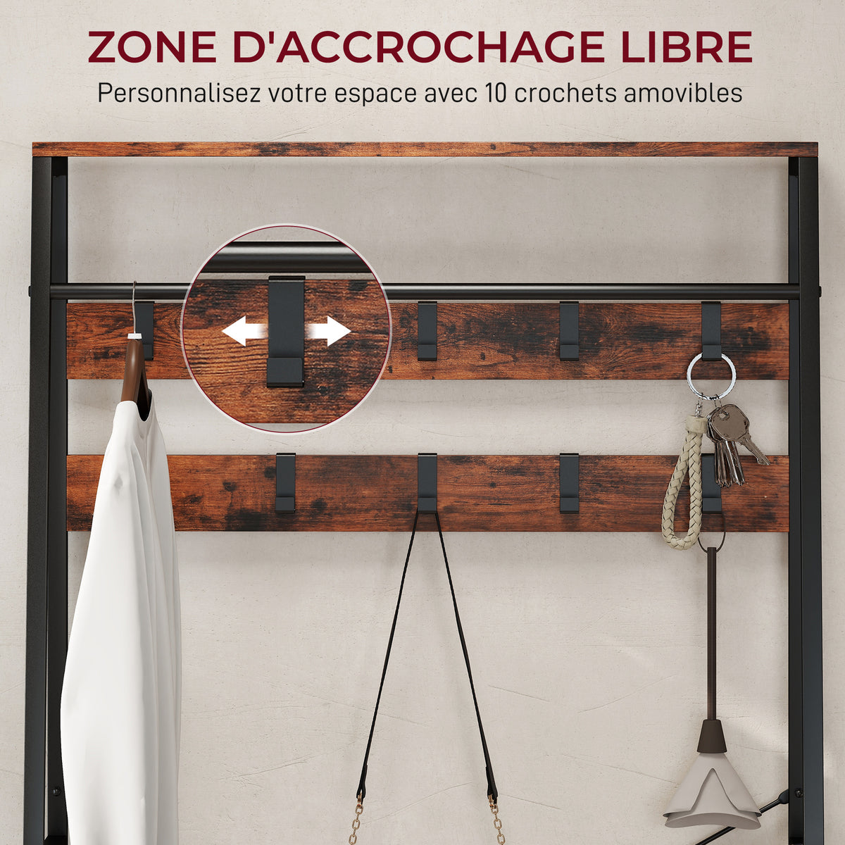 Meuble d'entrée 6 en 1 portemanteau tringle à vêtements étagère 2 tiroirs 10 crochet 80 x 30 x 180 cm brun rustique