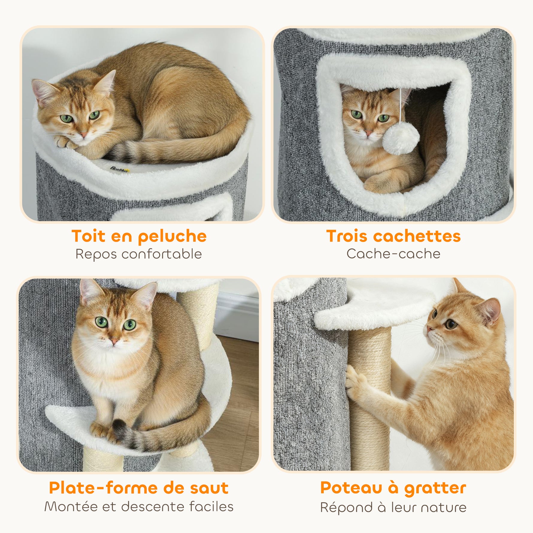 Tour pour chat à 4 niveaux arbre à chat stable avec griffoirs en sisal et bord en peluche 2 plateformes 50x36x101cm gris