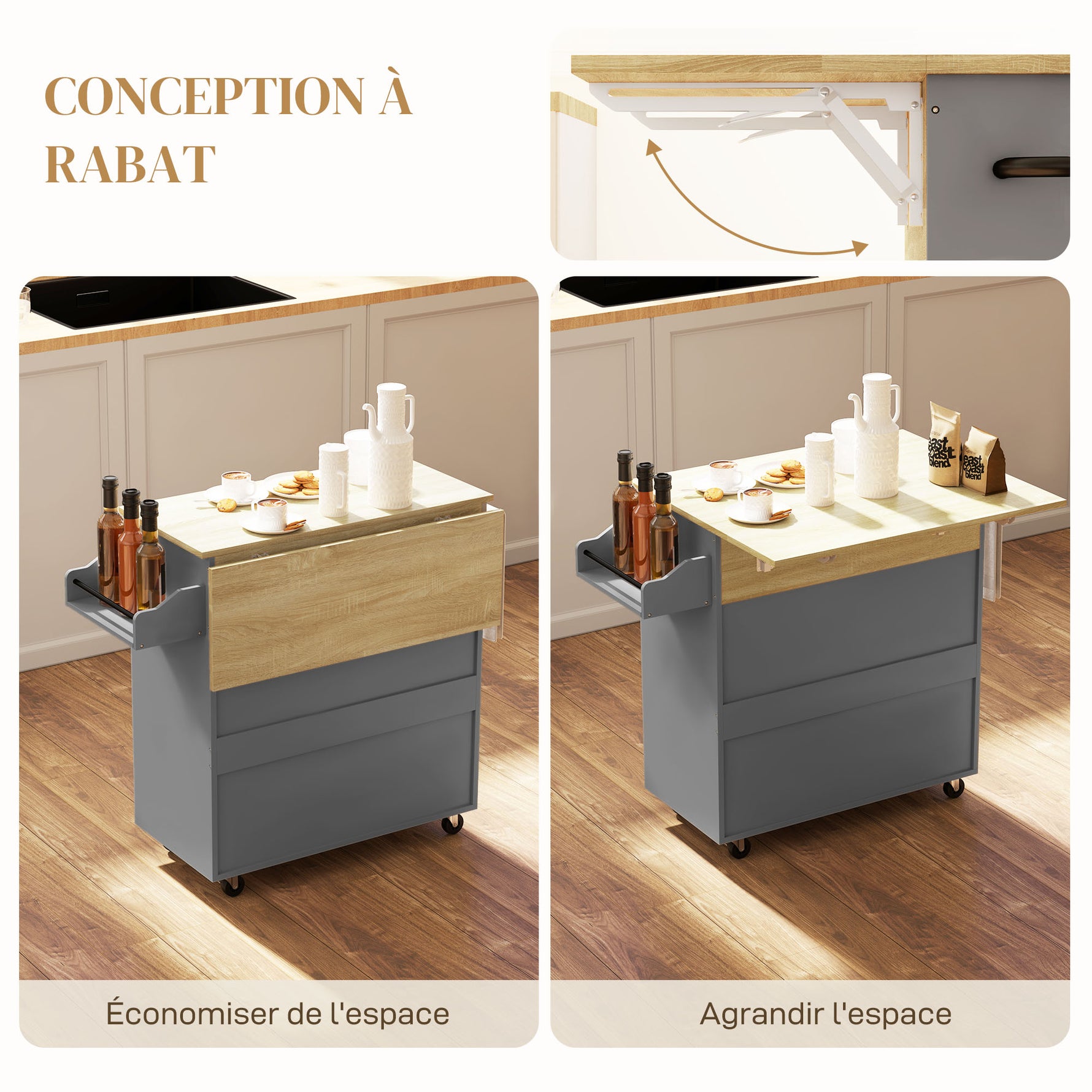 Desserte de cuisine sur roulettes, Îlot central cuisine tiroir étagère réglable support à épices et porte-serviette gris