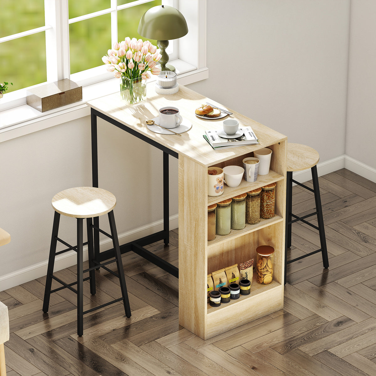 Bartisch-Set mit Hockern, offenen Fächern, verstellbarem Regal und Fußstützen, Eiche und Schwarz