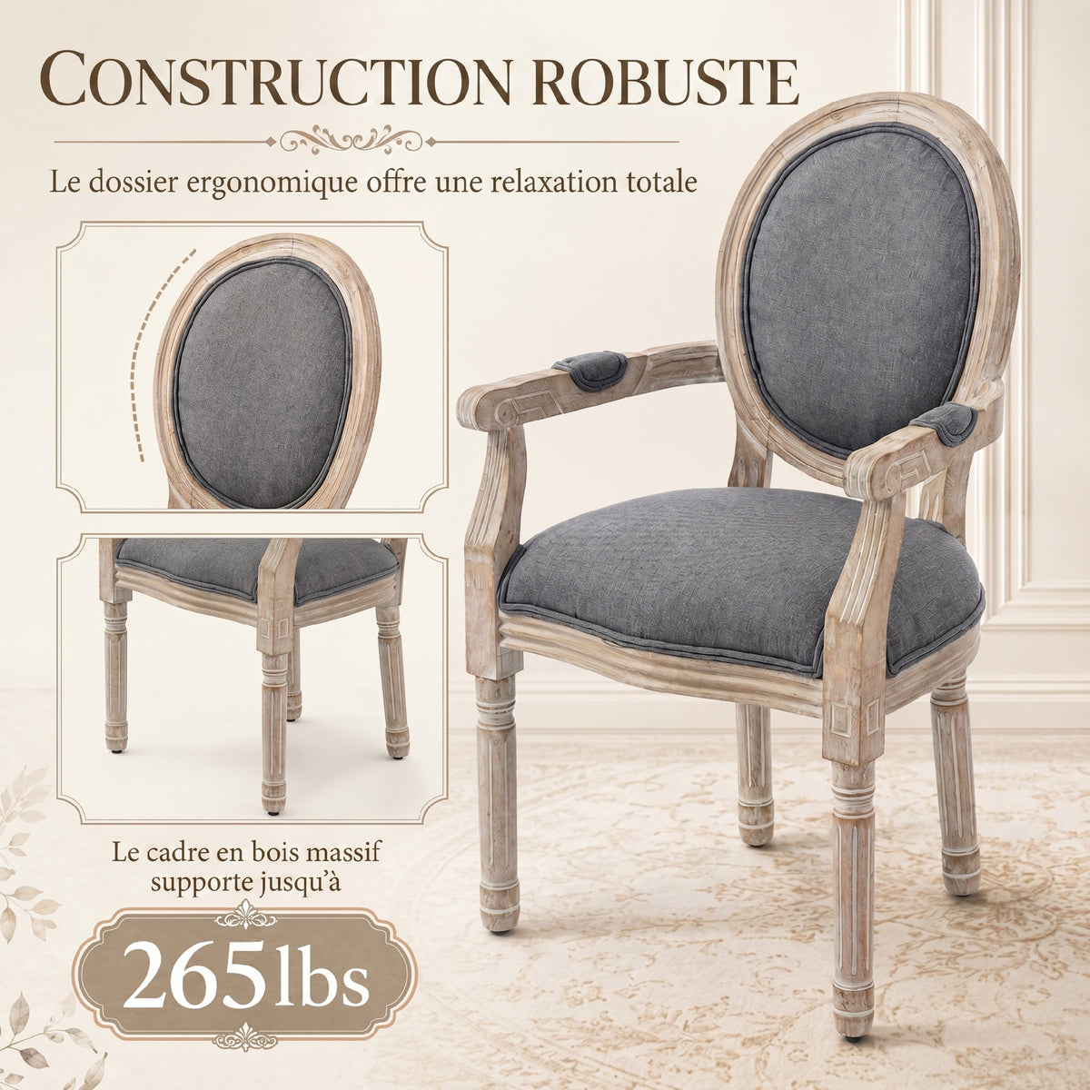 Chaise de Salle à Manger Chaise de Salon médaillon Style Louis XVI Bois Massif patiné sculpté Tissu Lin Gris