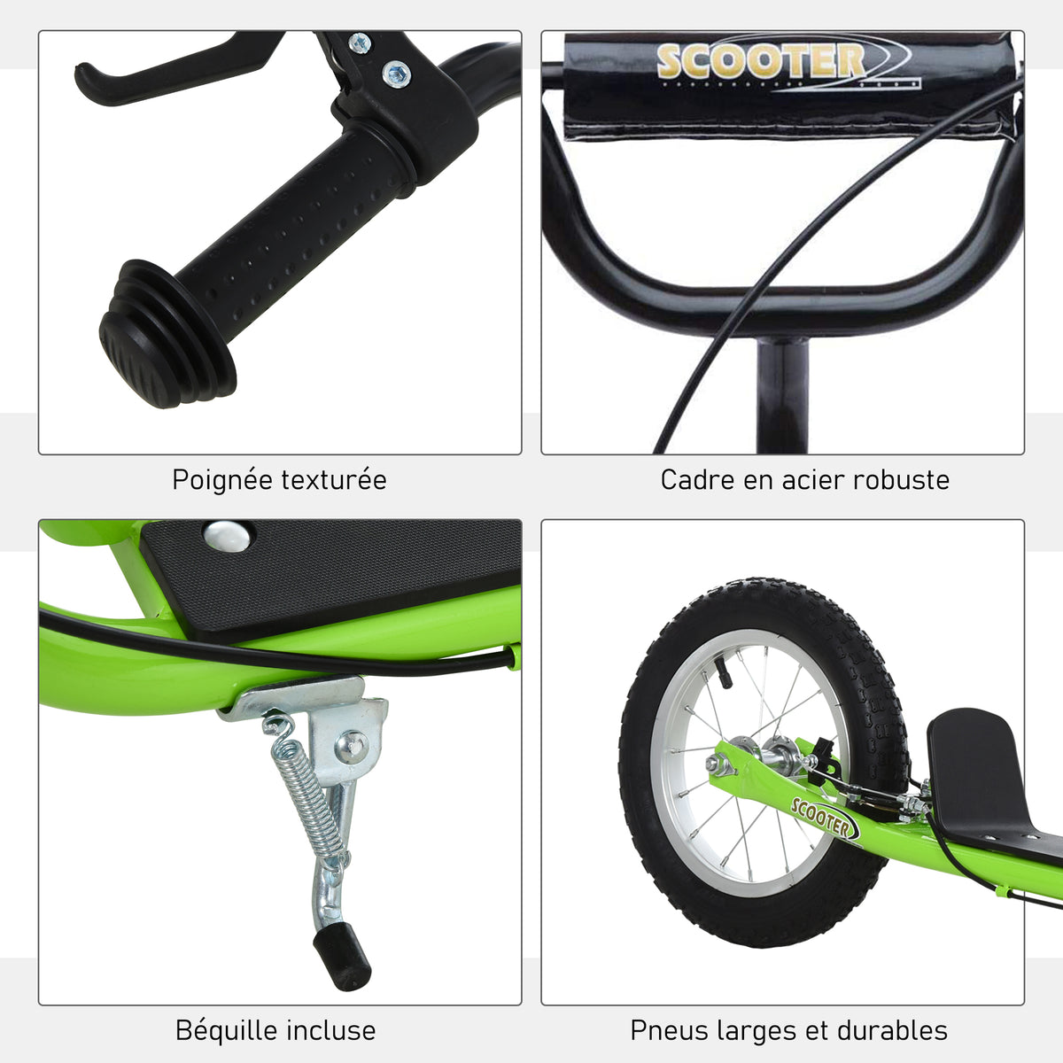 Trottinette patinette Enfants à partir de 5 Ans Grandes Roues Guidon réglable poignée Frein et béquille Acier Vert