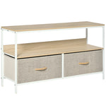 Meuble TV Bas sur Pieds Style Industriel 2 tiroirs en Tissu Gris Bois Naturel et métal Blanc
