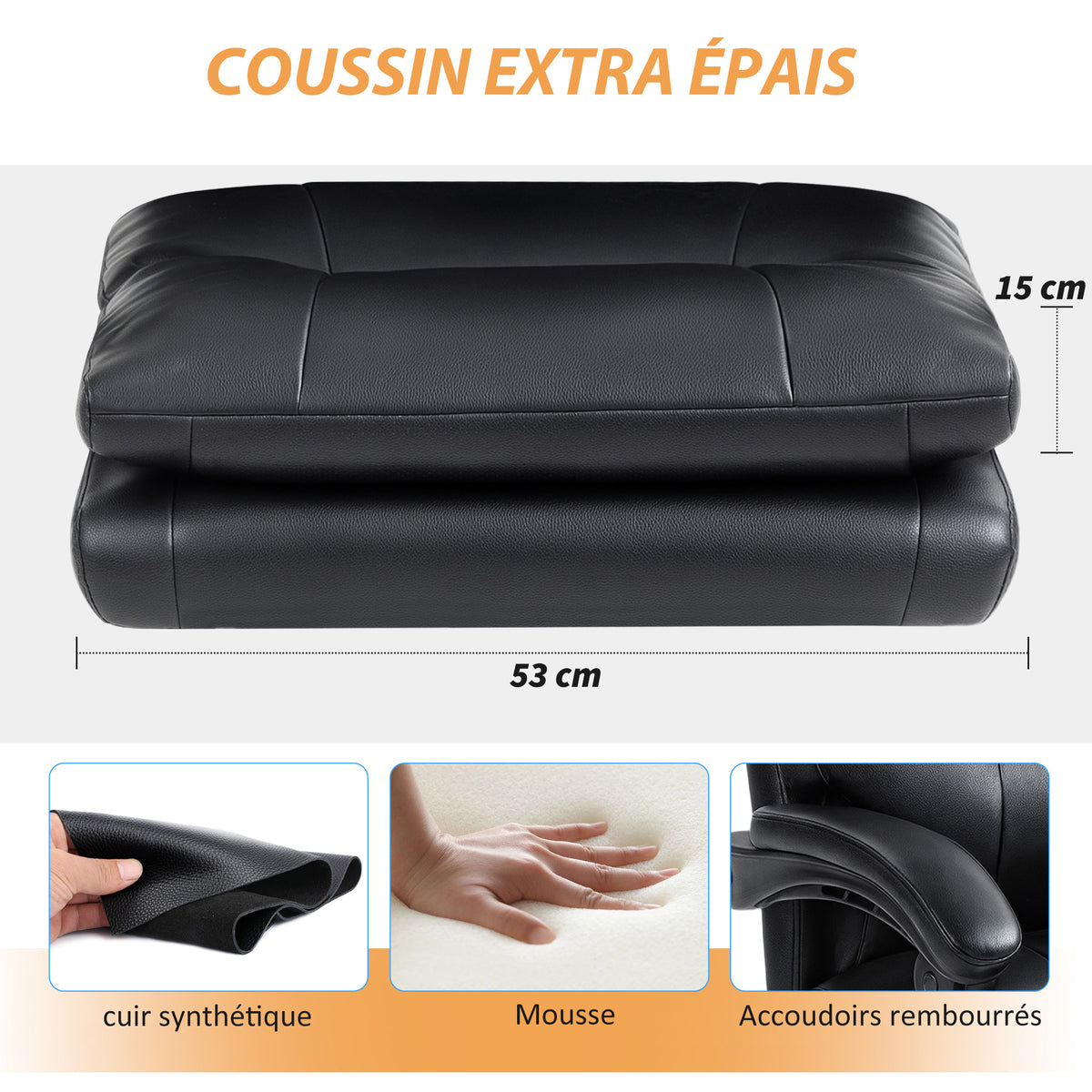 Chaise bureau ergonomique fauteuil de bureau en PU soutien lombaire gonflable dossier inclinable hauteur réglable noir