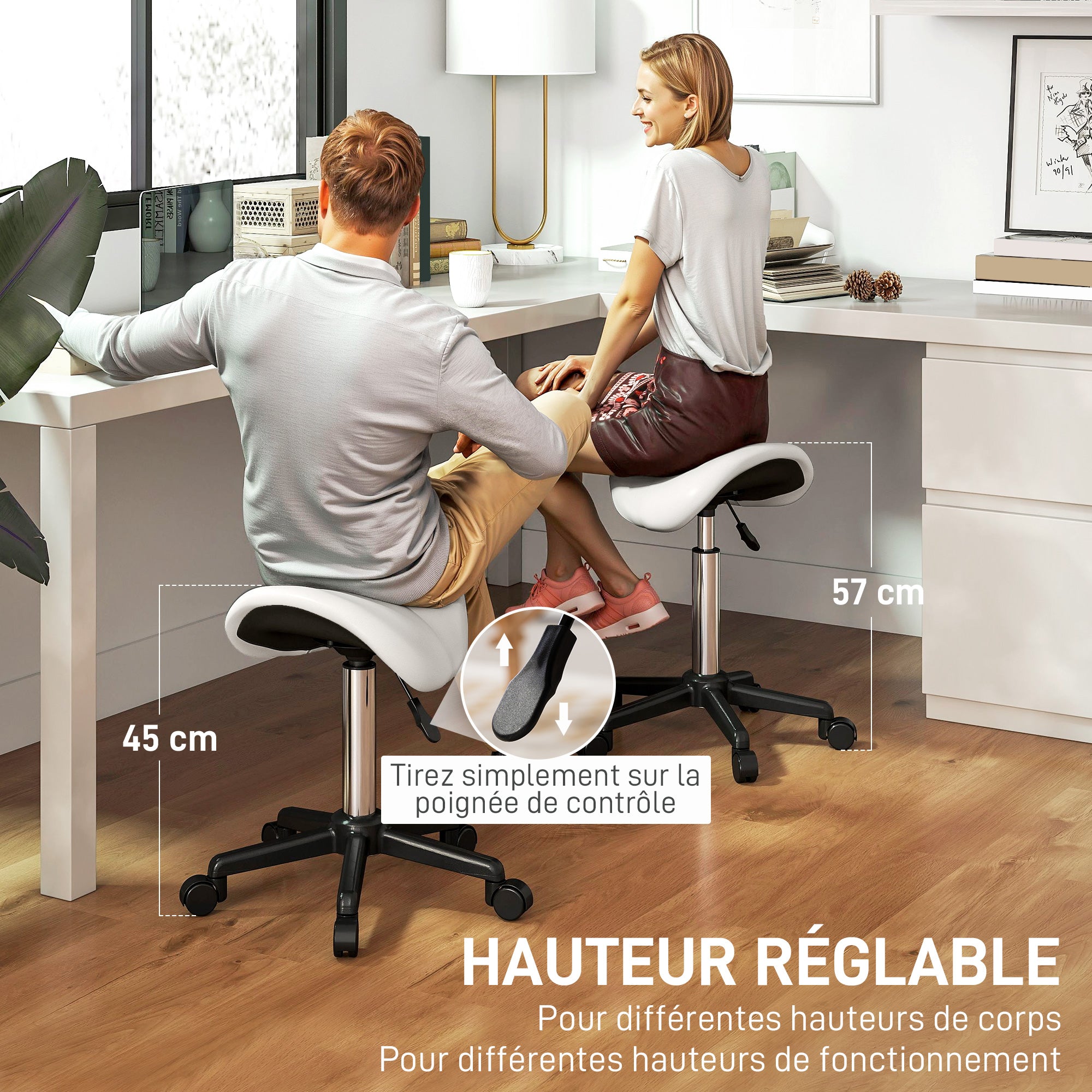 Taburete con ruedas, silla de trabajo con altura ajustable 45-57 cm y asiento ergonómico, 48x47x45-57 cm, blanco