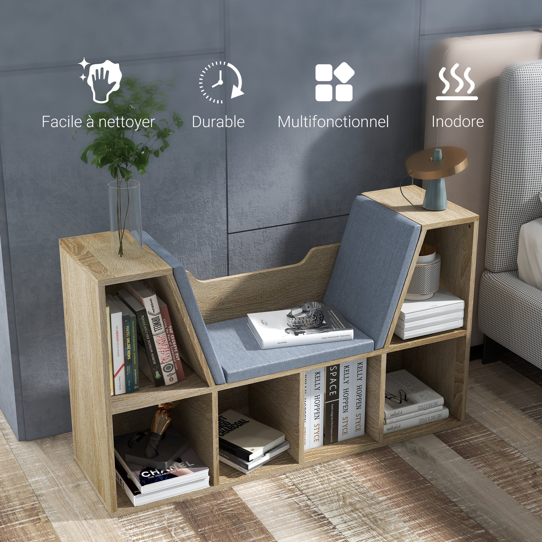 Bibliothèque Banc 2 en 1 Design Contemporain 6 casiers 3 Coussins fournis 102L x 30l x 61H cm Chêne Gris