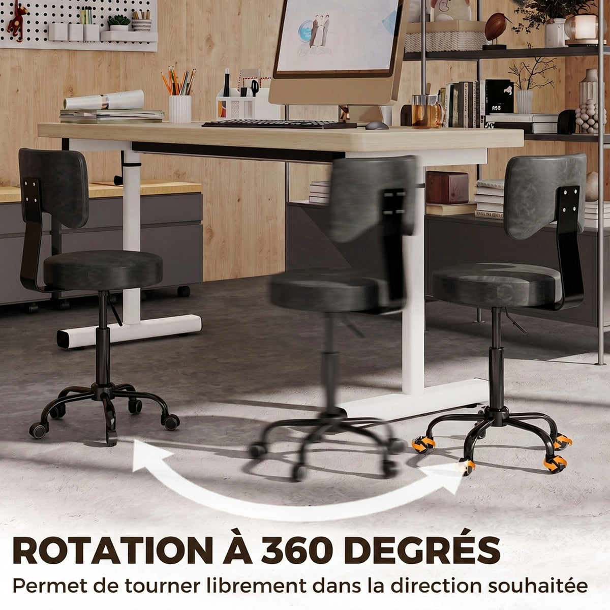 Tabouret à Roulettes, Hauteur Réglable 72-87,5cm, Tabouret de Massage Assise et Dossier Rembourrés, Pivotant 360°, Noir