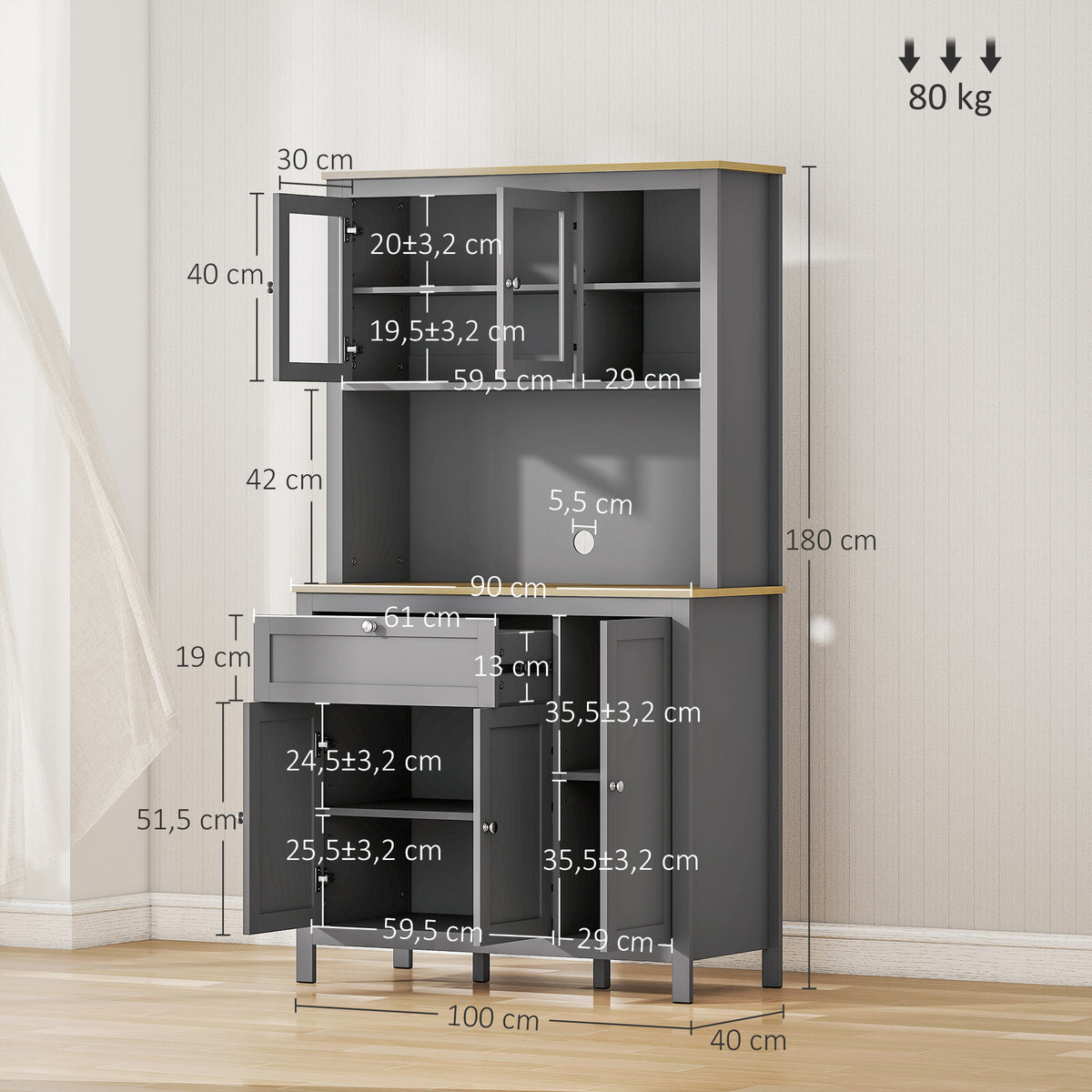 Armoire de cuisine buffet cuisine 5 portes dont 2 portes vitrées et 1 tiroir, 1 niche centrale - hauteur 180 cm gris