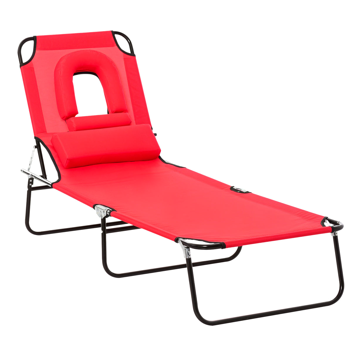 Bain de Soleil Pliable transat inclinable 4 Positions Chaise Longue 3 Coussins fournis Rouge