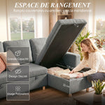Canapé d'angle convertible canapé lit canapé 3 places modulable avec méridienne réversible, coffre de rangement intégré et 3 coussins de dossier, tissu aspect lin, gris