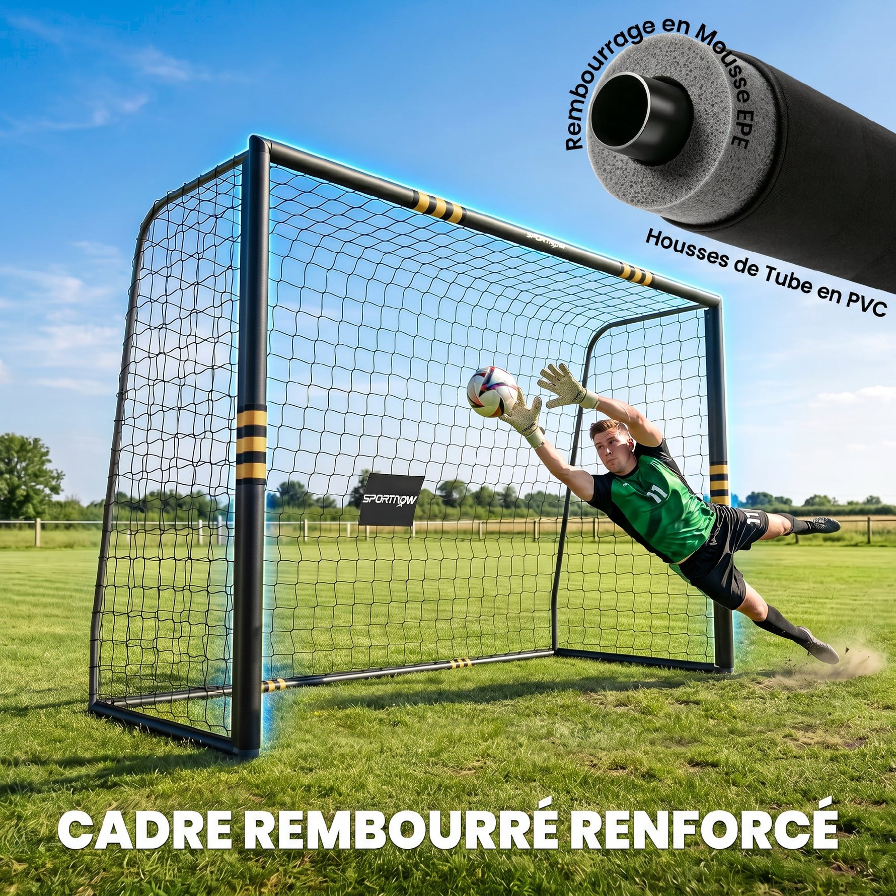 But de Football pour Enfant et Adulte 3 x 2 m, Envoloppé Mousse de Protection, 7 Piquets de Sol, Filet en PE, Jaune