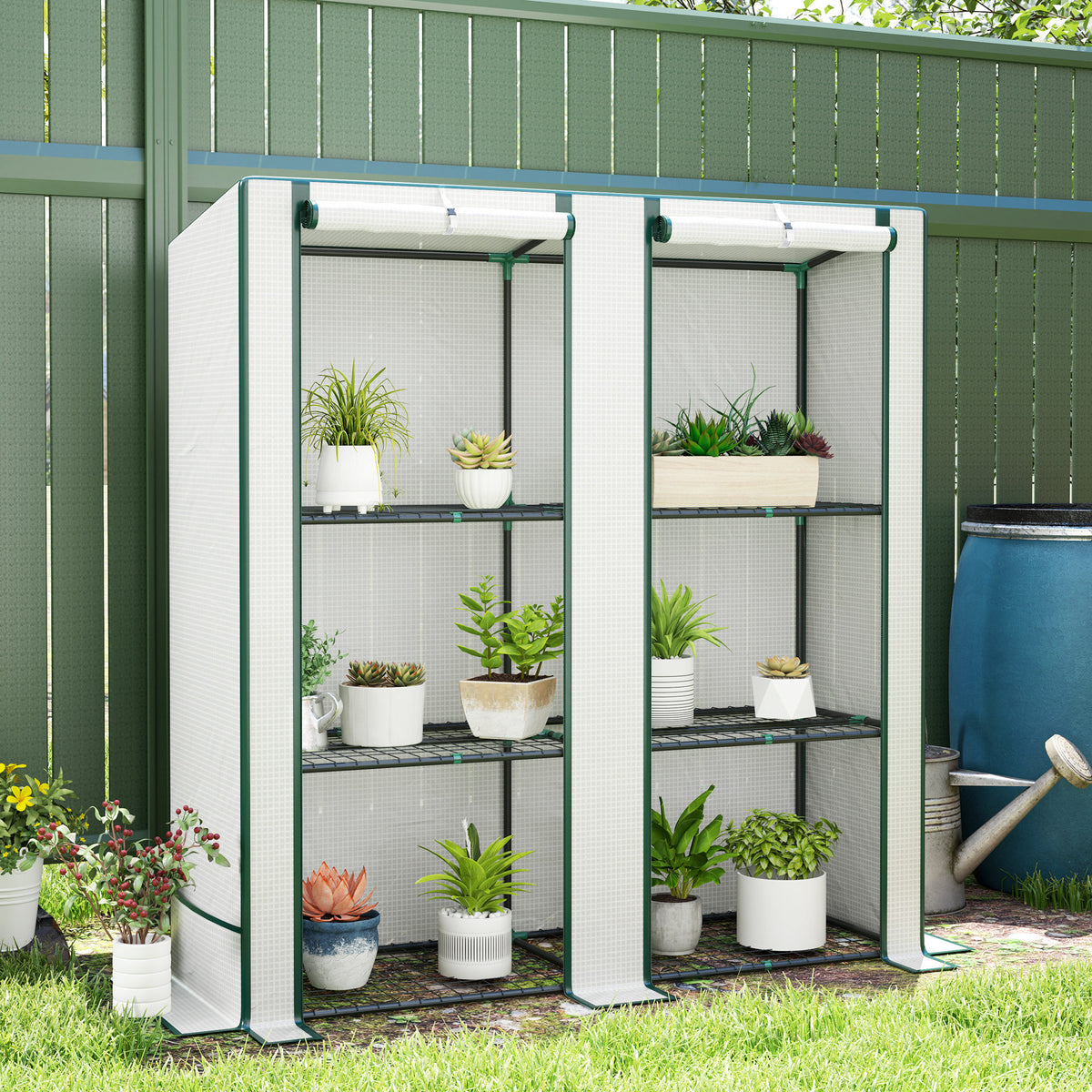 Serre de jardin avec étagères métalliques à 3 niveaux serre de balcon couverture PE toit incliné 144 x 48 x 152 cm blanc