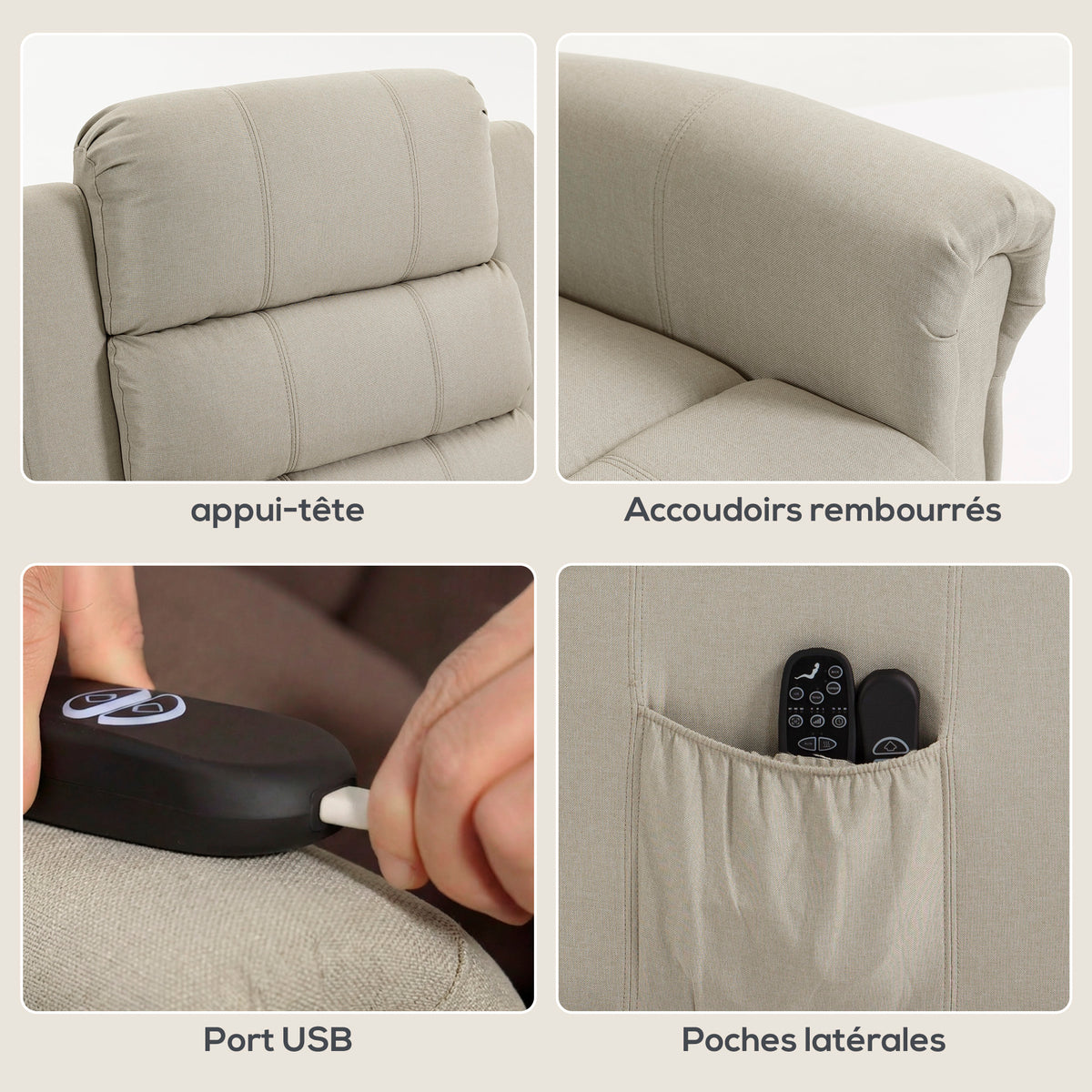 Fauteuil releveur électrique, fauteuil relax électrique avec fonction massage et chauffage, 87 x 87,5 x 108 cm, beige