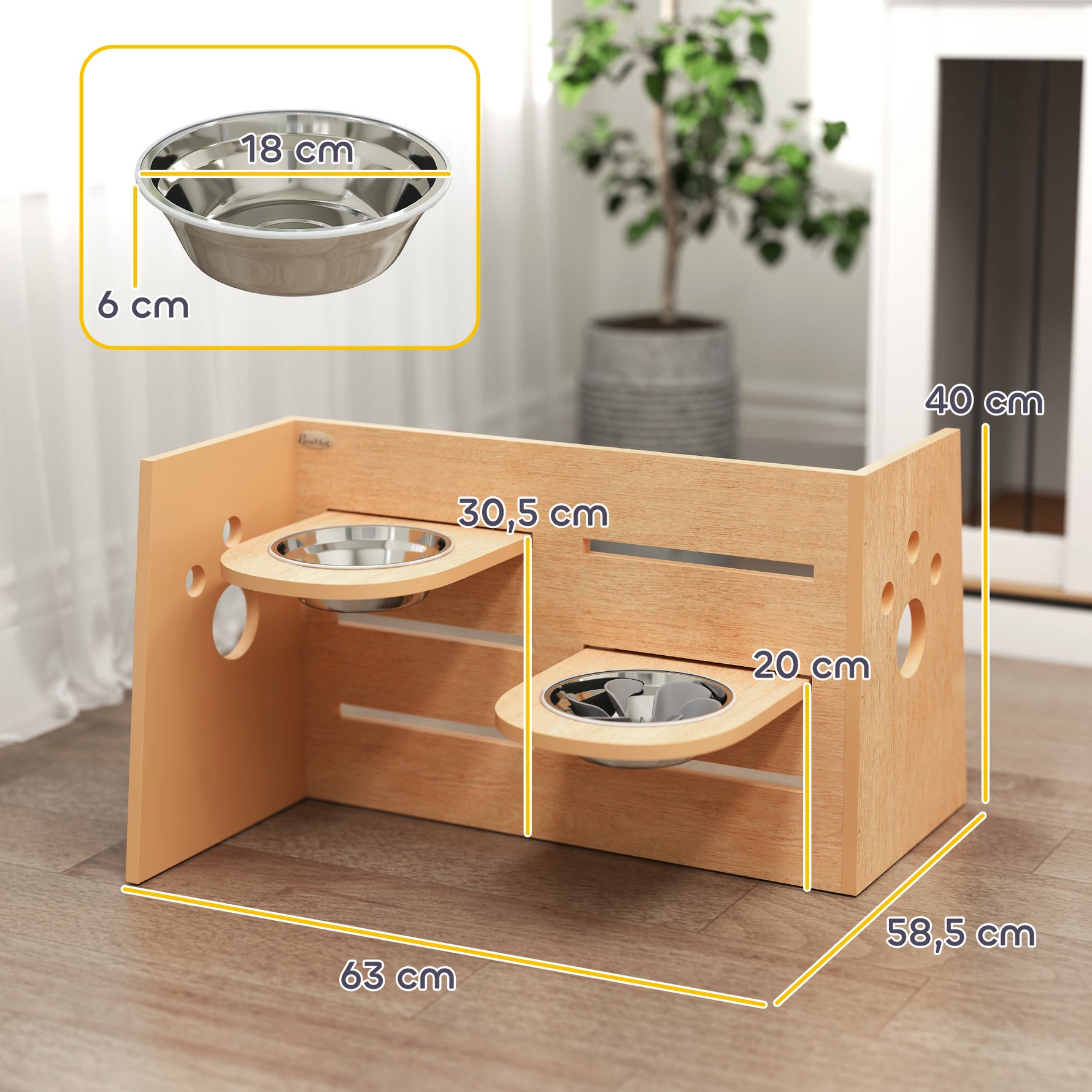 Gamelle chien surélevée de 3 hauteurs ajustables gamelle pour chien 2 bols acier inoxydable 63 x 58,5 x 40 cm chêne