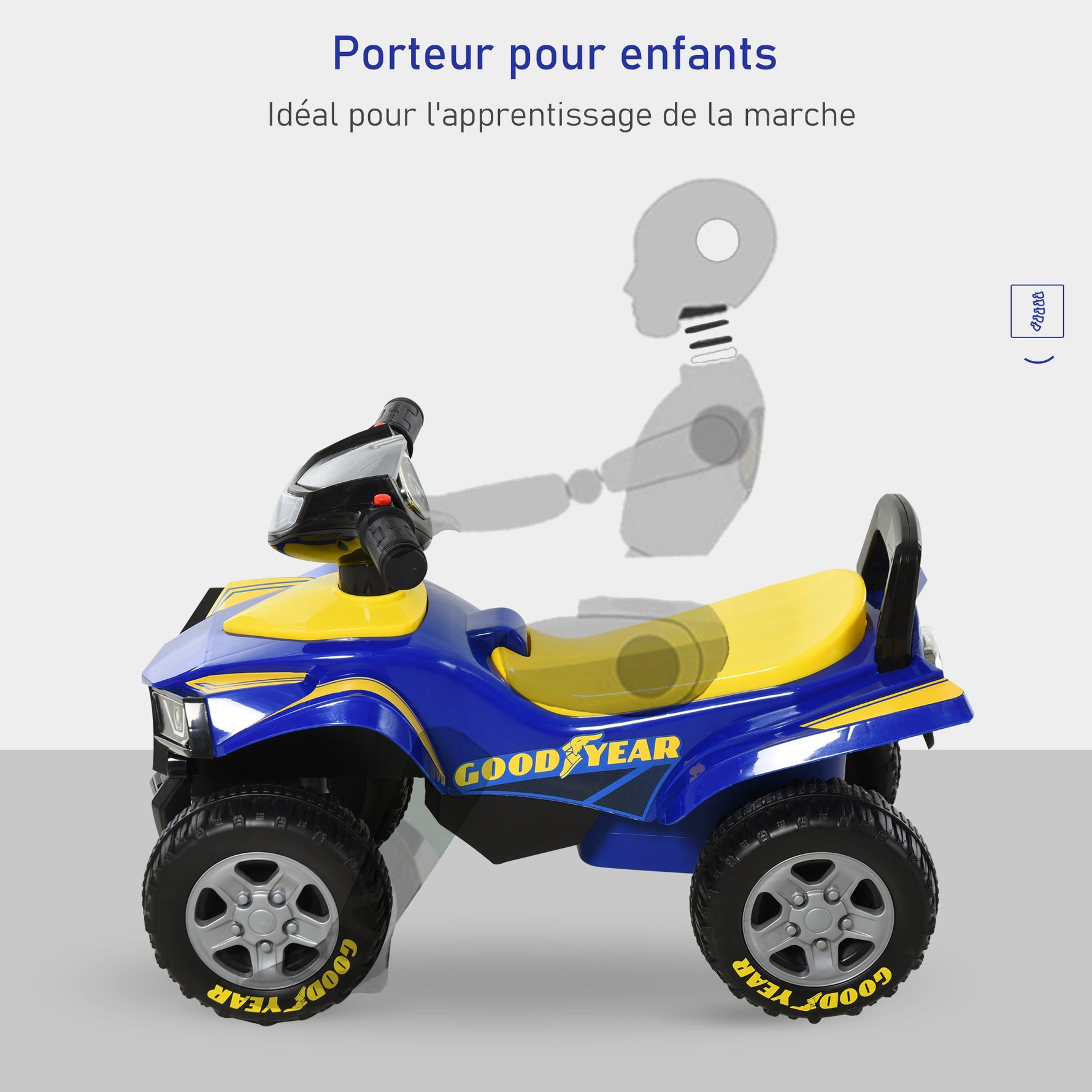 Porteur Enfants Quad 18-36 Mois dim. 60L x 31l x 42H cm Effets Lumineux et sonore Bleu Jaune